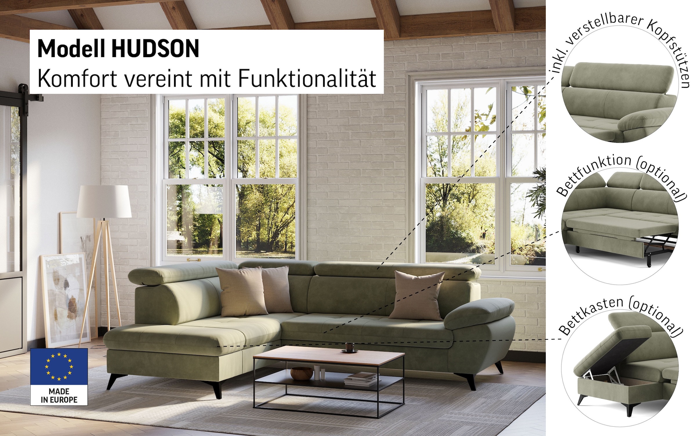 COTTA Ecksofa »Hudson L-Form«, mit Kopfteilverstellung, wahlweise mit Bettfunktion & Bettkasten