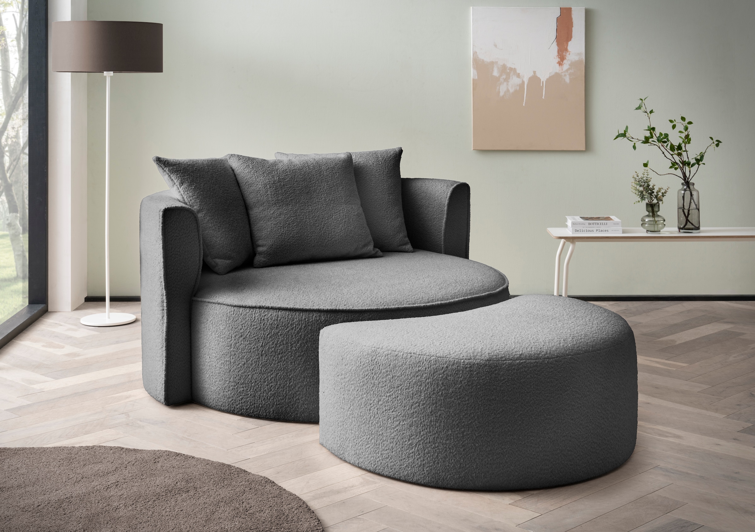 LeGer Home by Lena Gercke XXL-Sessel »ISALIE, Rundsessel mit Hocker, Lesesessel, Loveseat, Big-Sessel«, (Set), trendige Stoffe, mit 3 Zierkissen, große Sitzfläche