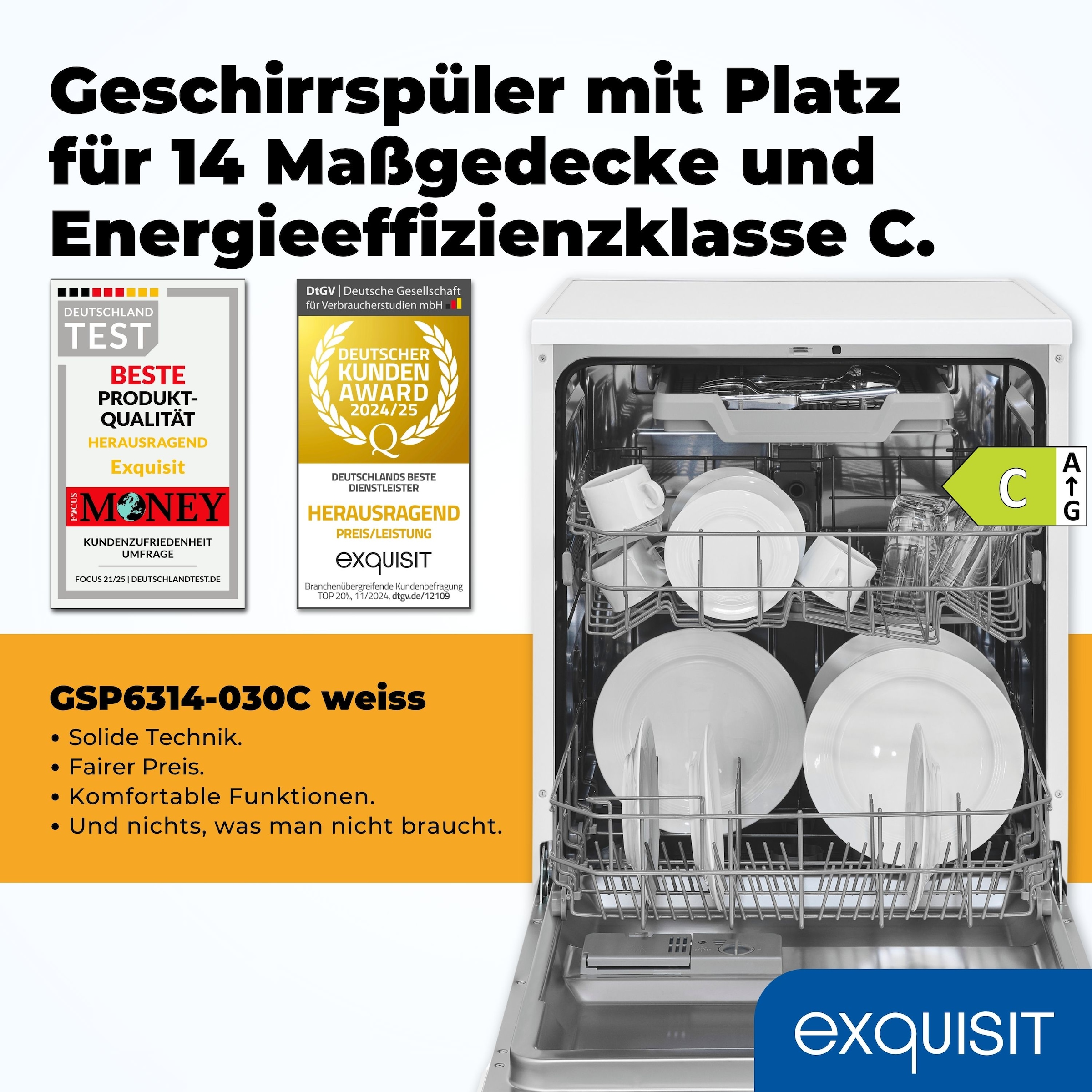 exquisit Standgeschirrspüler 6314 »GSP6314-030C weiss« 10,2 l 14 tlg. Maßgedecke 14 Maßgedecke, 6 Programme, LED, Besteckschublade