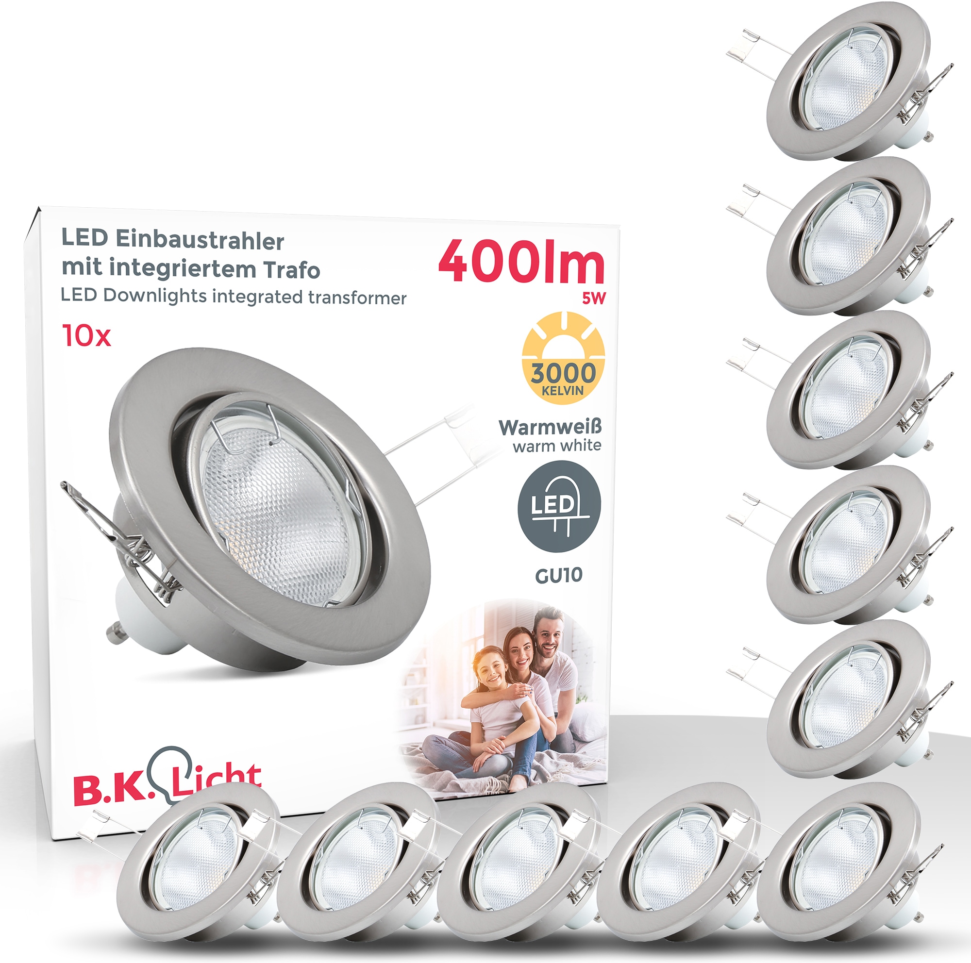 B.K.Licht LED Einbaustrahler, 10 flammig-flammig, nickel, auf Rechnung schwenkbar, kaufen Einbau-Spots, LED Einbauleuchten, GU10 matt