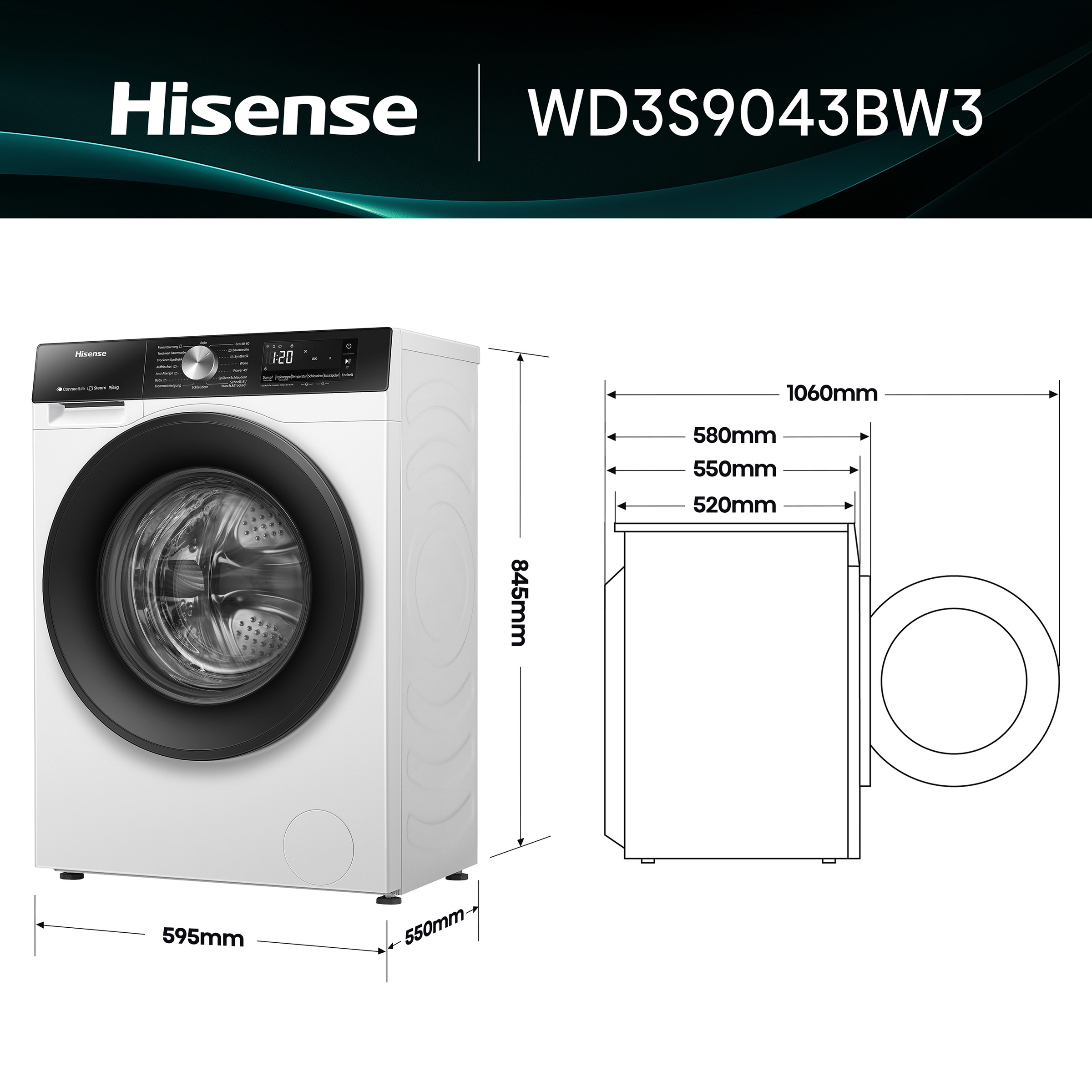 Hisense Waschtrockner »WD3S9043BW3« 3s Serie 9 kg /6 kg 72 dB(A) Waschen & Trocknen in 60 min.