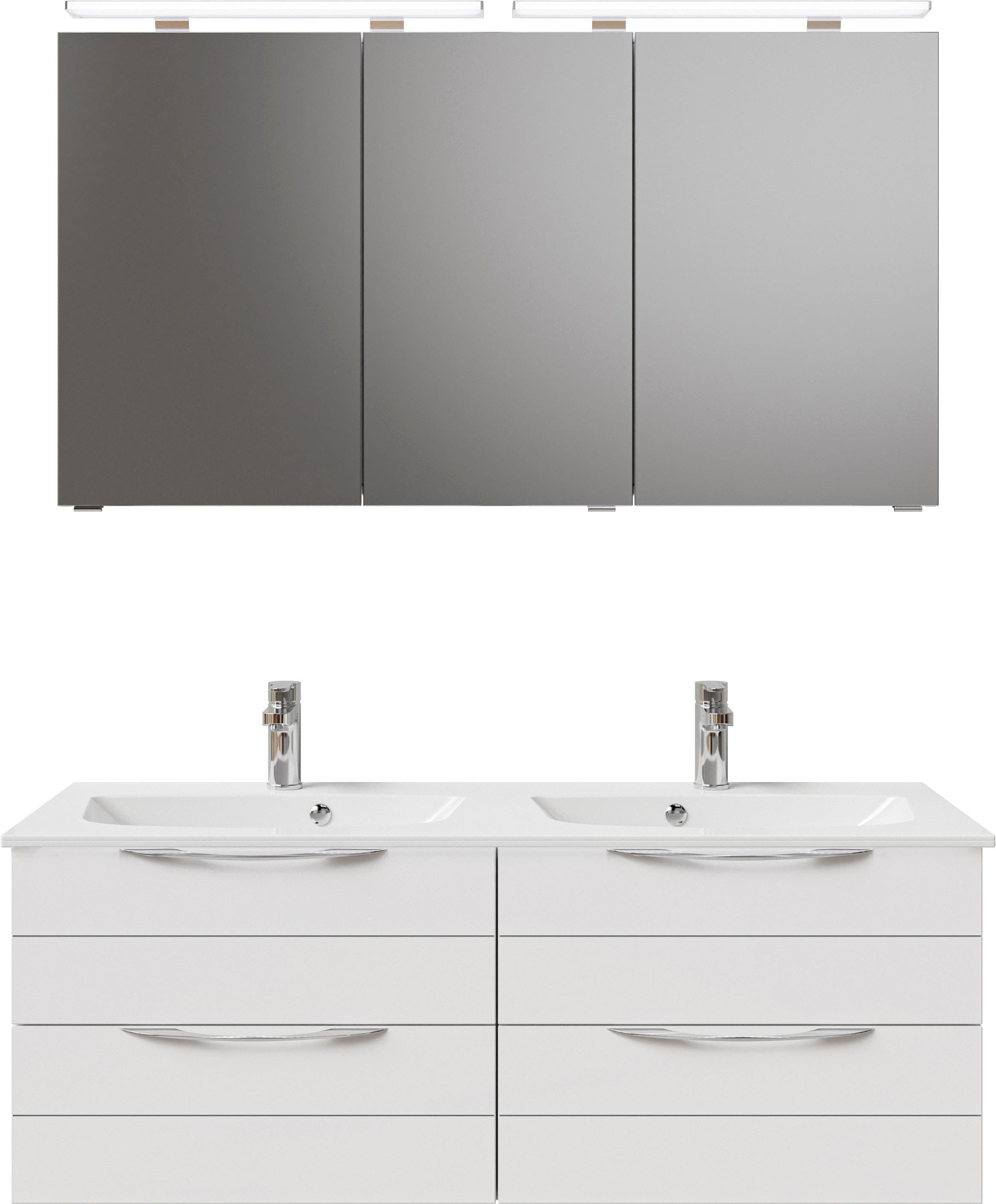 Saphir Badmöbel-Set »Serie 6025 2-teilig Mineralmarmor-Waschtisch mit LED-Spiegelschrank«, (2 St.), Waschplatz 132cm breit, 4 Schubladen, 2 Spiegel-Türen, inkl Türdämpfer