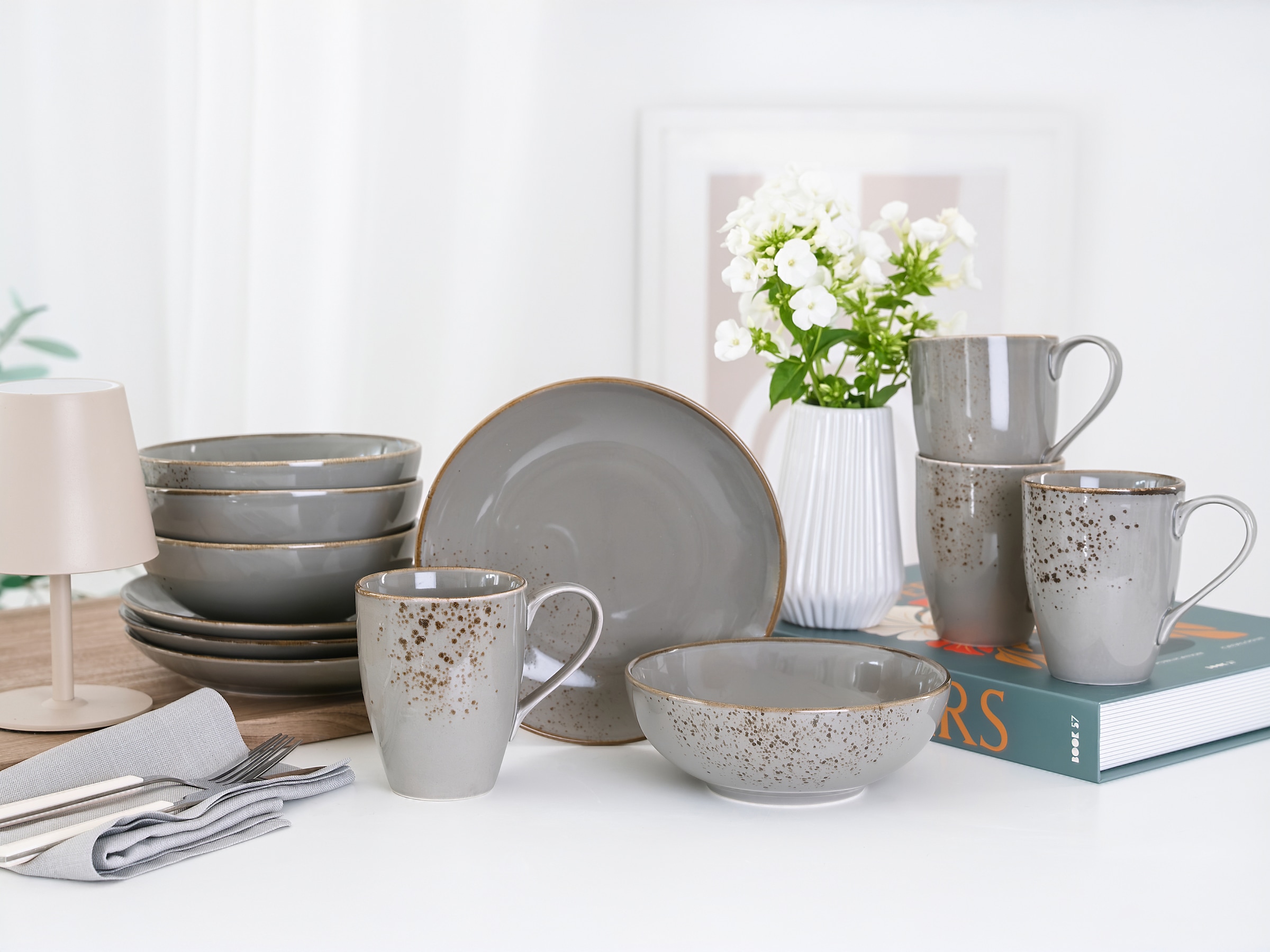 CreaTable Kaffeeservice »Nature Collection, Service, 12-tlg.« Handgemalte Sprenkel und Ränder, Reaktivglasur
