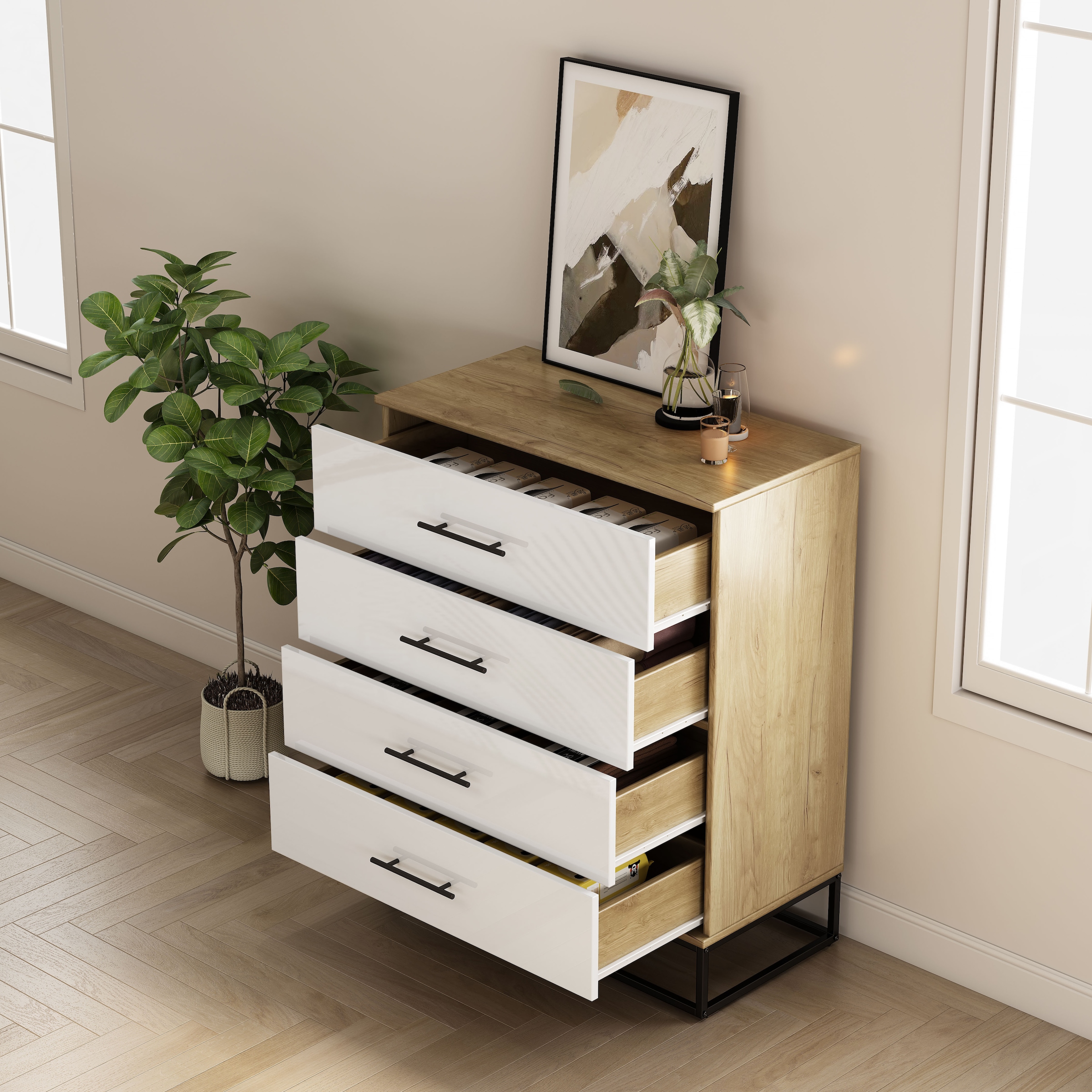 OTTO home Schubkastenkommode »Lucca Sideboard mit schwarzen Griffen 4 Schubladen Kufengestell« Hochwertige Hochglanzfronten in weiß, 