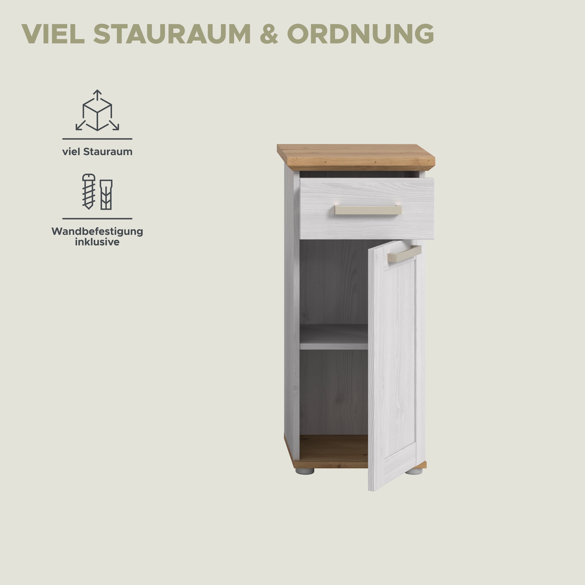 welltime Unterschrank »COSENZA, Höhe 85cm, 1 Tür, 1 Schubkasten, 1 Einlegeboden, 2 Fächer« in Landhausoptik, mit weiteren Artikel der Serie kombinierbar, 1 Stk. tlg. Standschrank, Badezimmerschrank, Bad, Badezimmer