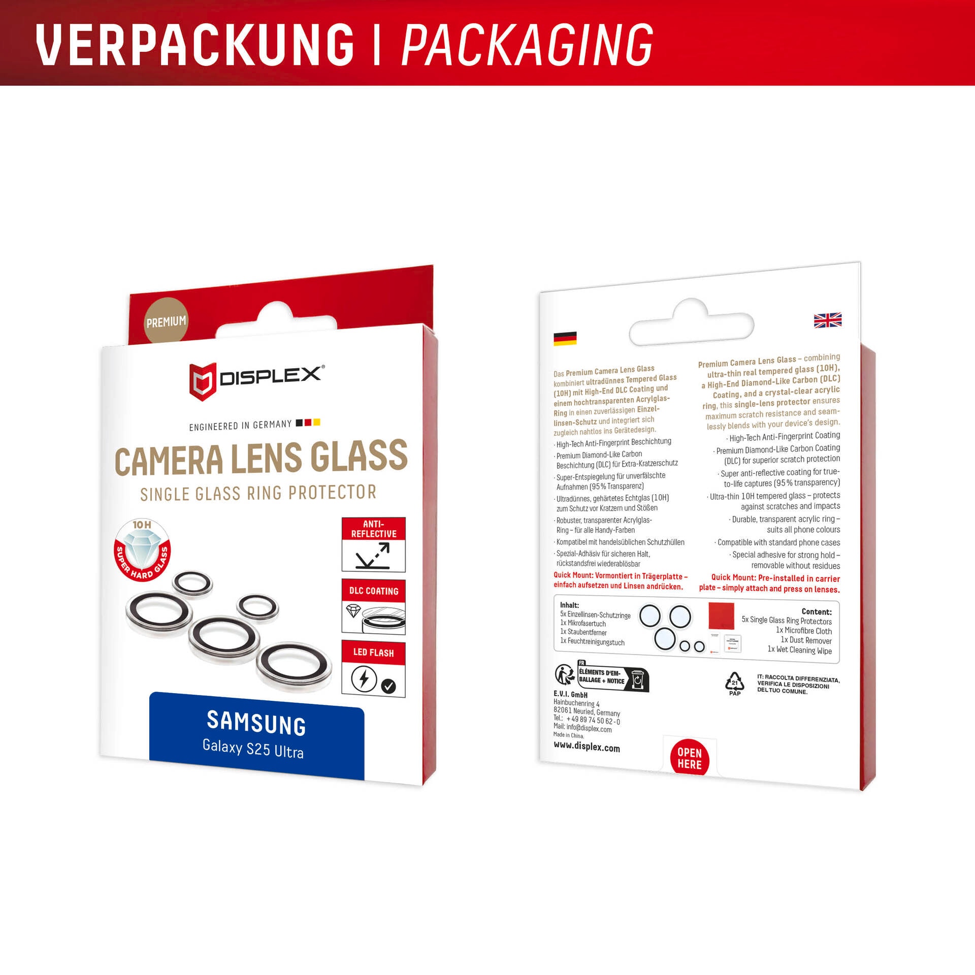 Displex Kameraschutzglas »Camera Lens Glass Single Glass Ring Protector« für Samsung Galaxy S25 Ultra Packung, 2x Einzellinsen-Schutzringe,  Objektivschutz, Kameraschutz, kratz- & stoßfest