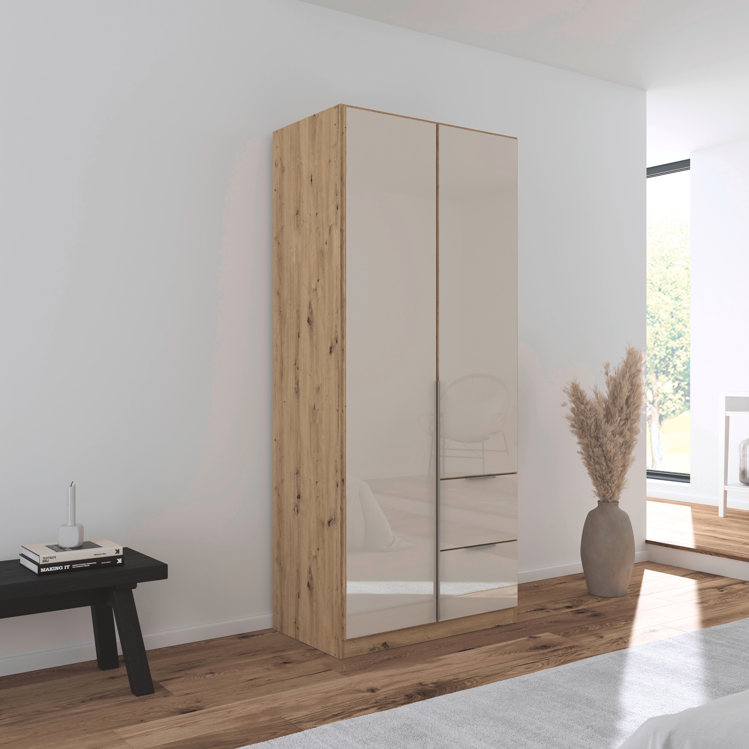 OTTO home Drehtürenschrank »Kleiderschrank Kleiderschränke Schrank Garderobe AGORDO mit Glasfront« in zwei Griff-Farben, Breiten 91-360 cm,  mit Außenschubkästen, in 7 Breiten und 2 Höhen MADE IN GERMANY