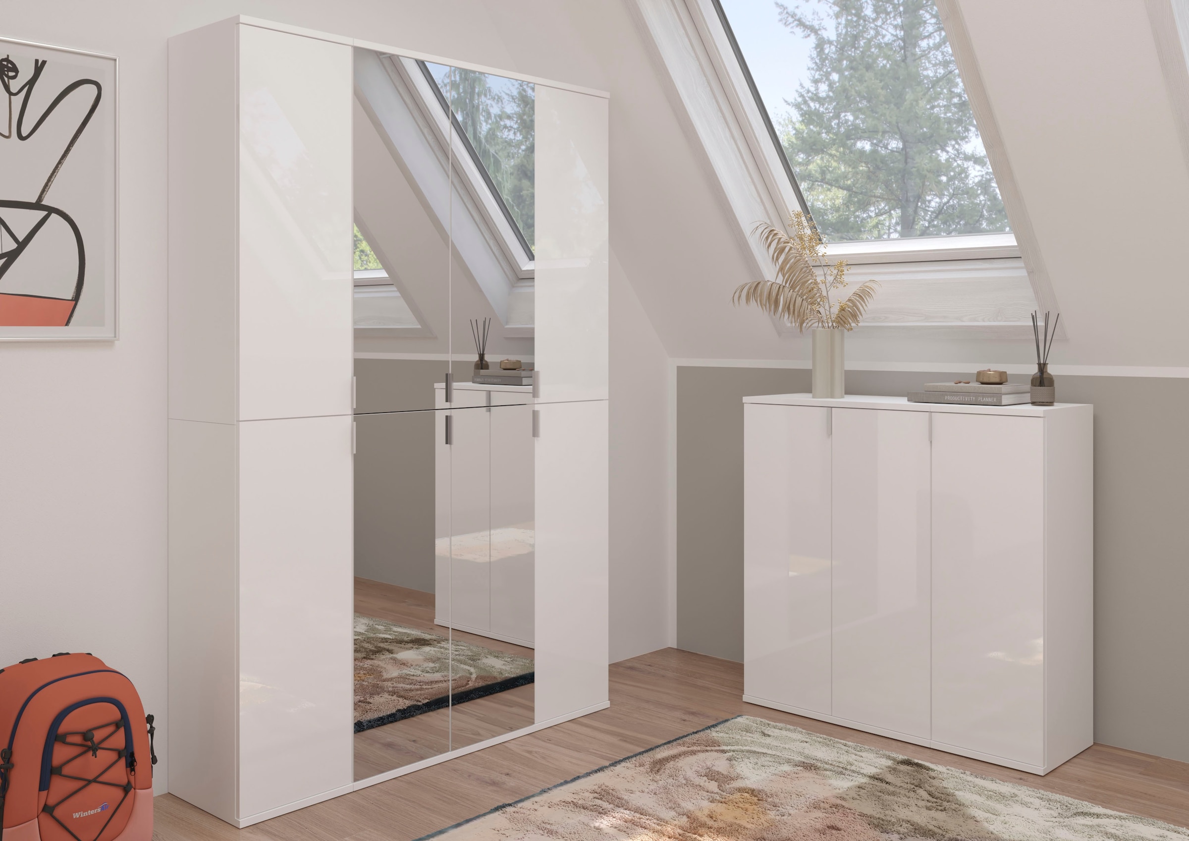 INOSIGN Garderoben-Set »Trondheim, Breite 121 cm, best. aus 3 Schränken, 8 Türen, 21 Fächer«, (Set, 3 St.), inkl. ausziehbarer Kleiderstange, Garderobenschrank, Kleiderschrank
