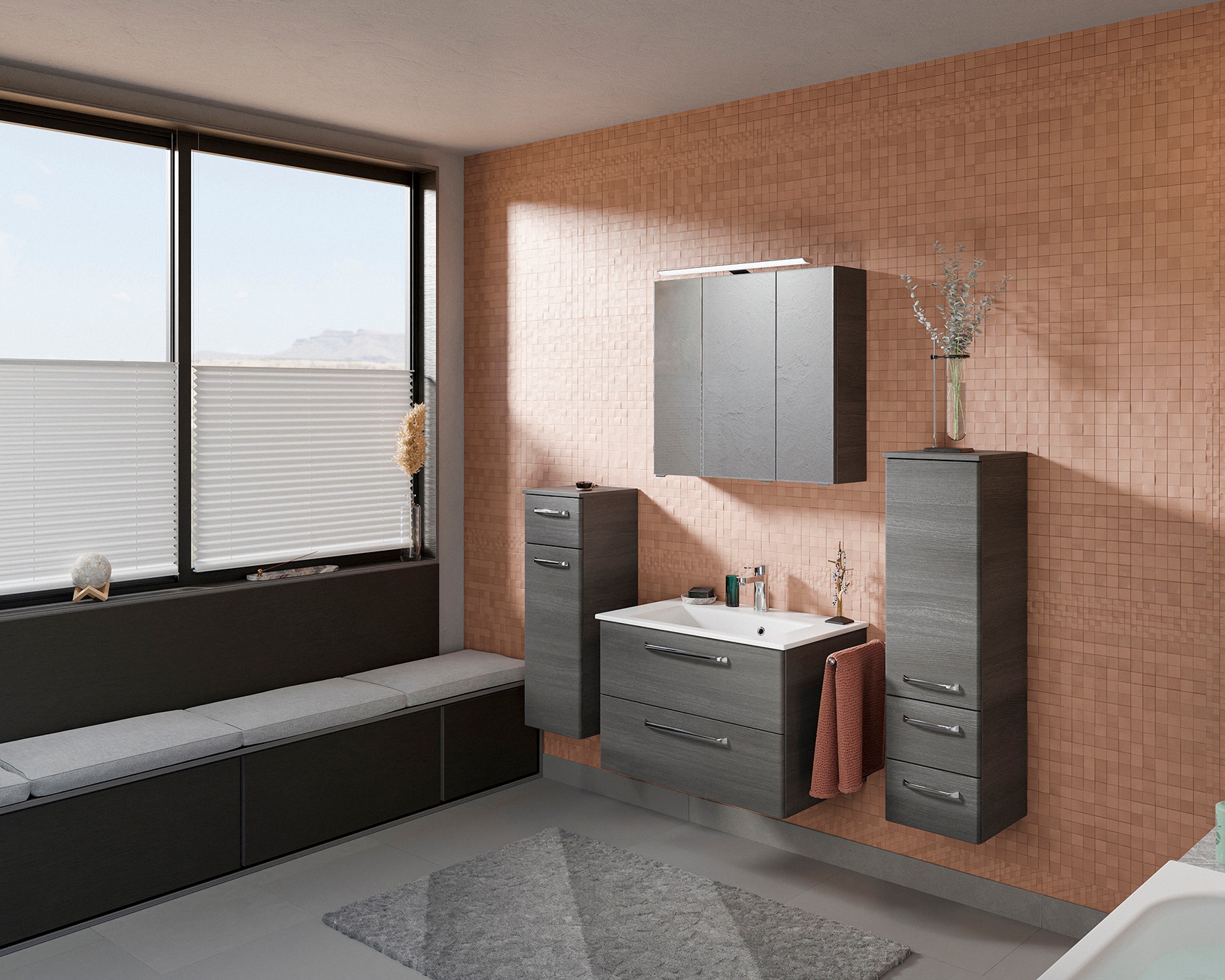 Saphir Badmöbel-Set »Badmöbel-Set Trentino 4-tlg Mineralmarmorwaschtisch,LED-Spiegelschrank«, (5 St.), Badezimmer-Set mit Midischrank und Unterschrank inkl. Türdämpfer