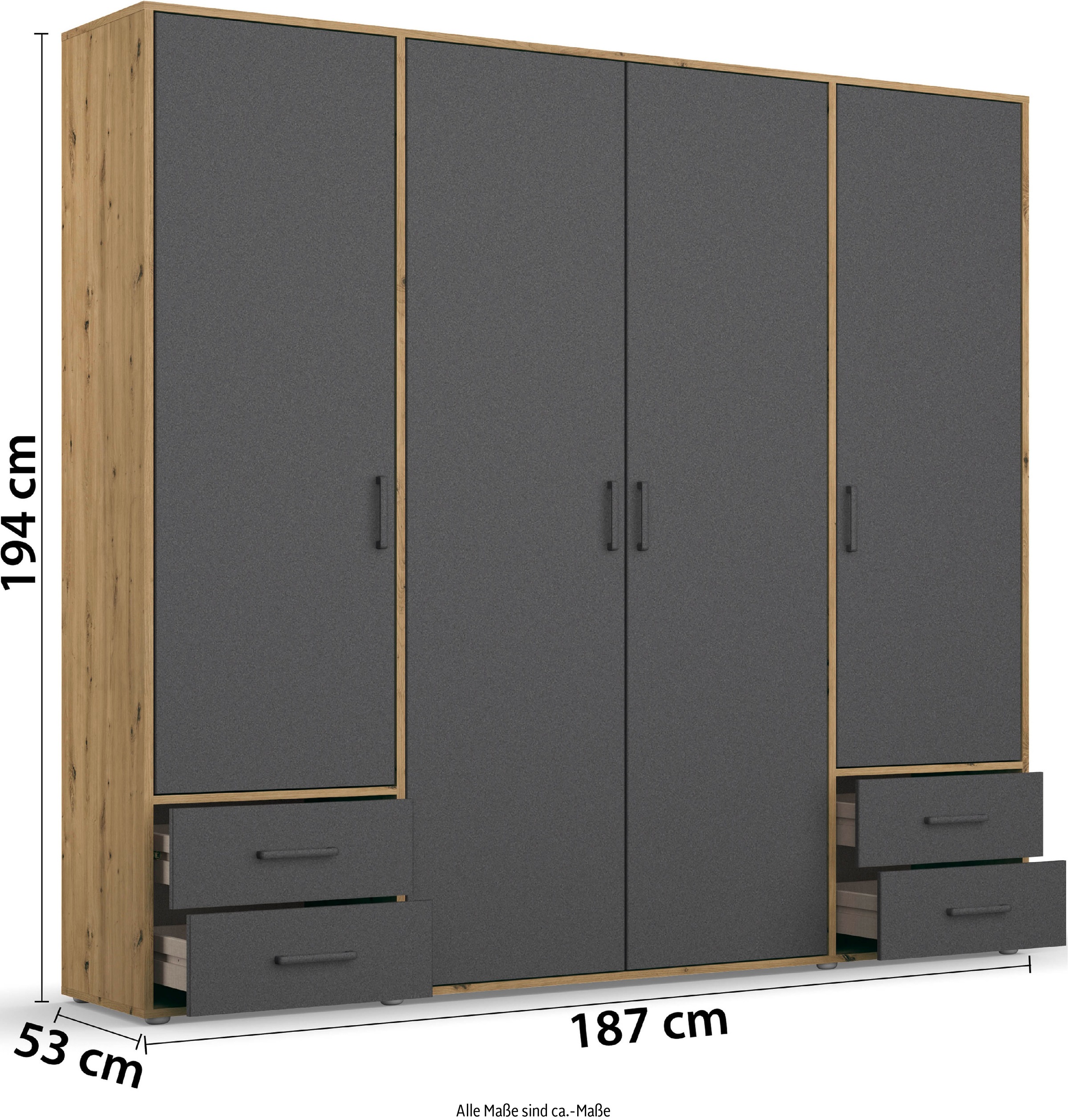 rauch Drehtürenschrank »Kleiderschrank Schrank Garderobe Wäscheschrank VOYAGER«, (in 3 verschiedenen Ausstattungen BASIC/CLASSIC/PREMIUM), moderne Griffe in Graumetallic mit Außenschubkästen MADE IN GERMANY
