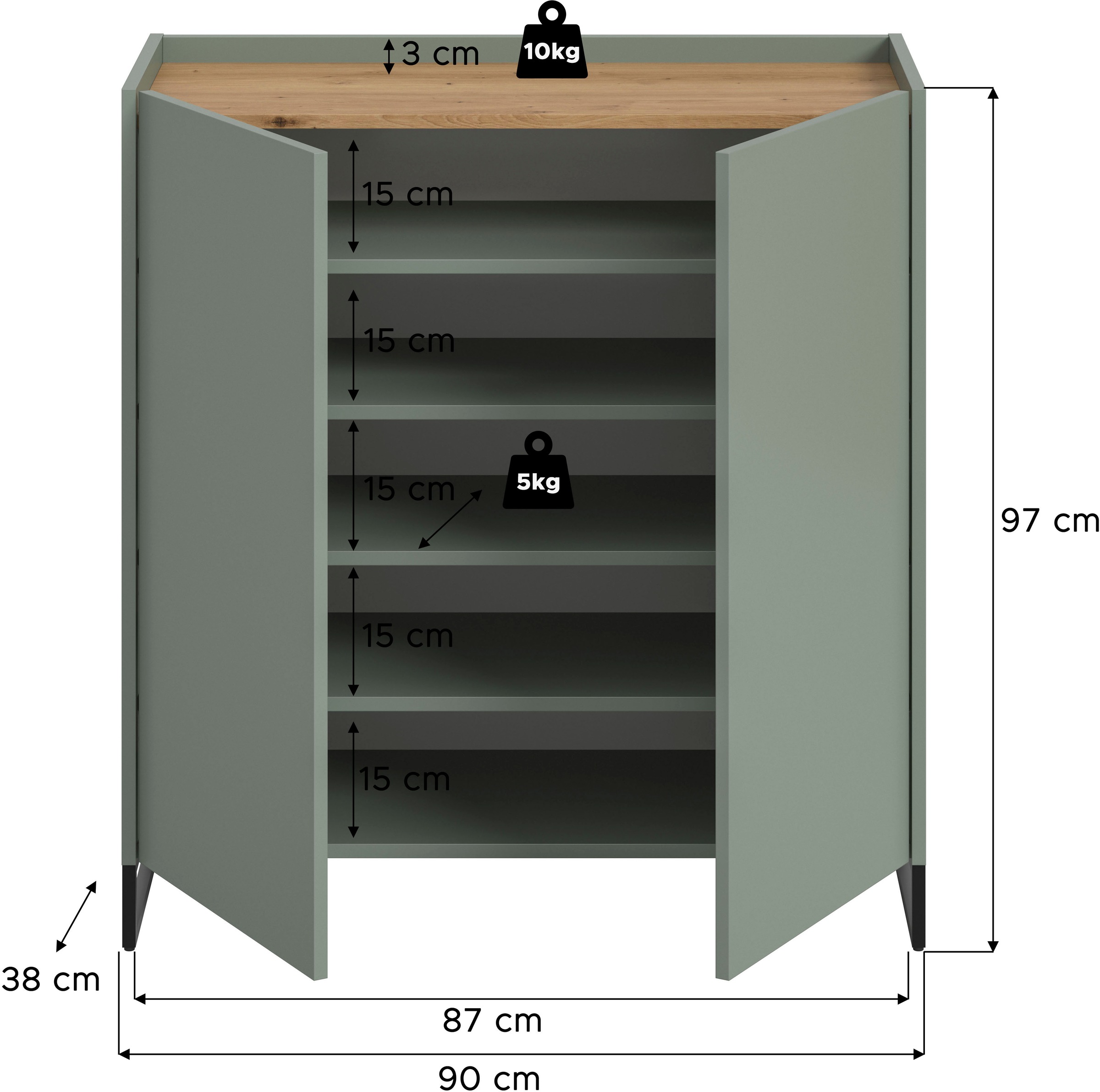 INOSIGN Schuhschrank »EVRID, Breite 90cm, 2 Türen, 5 Einlegeböden, inkl. Metall-Kufenfüße«, (1 St., individuell mit anderen Artikel der Serie EVRID erweiterbar), Schuhkommode, Kommode, Sideboard, Garderobenschrank, Flurkommode
