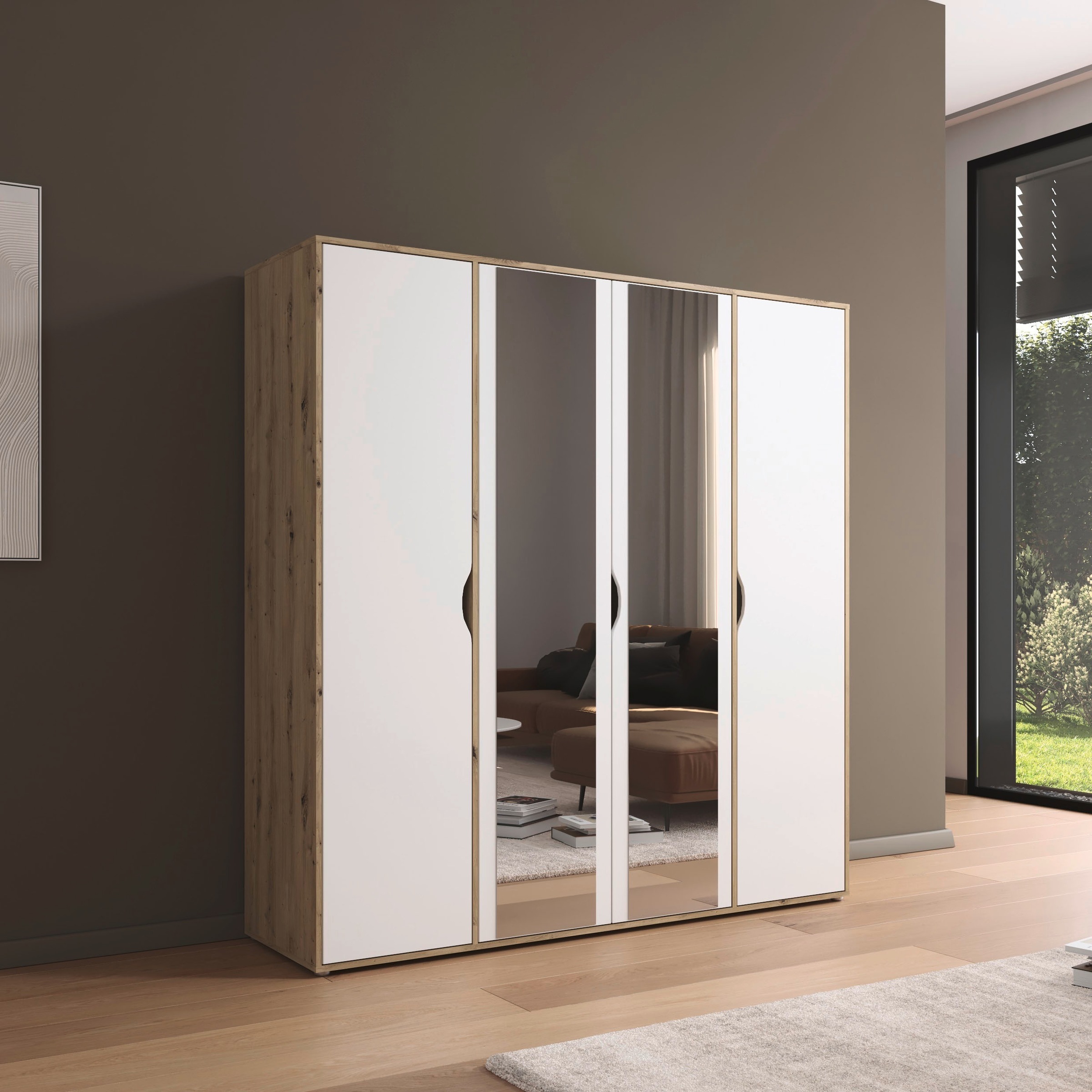 rauch Drehtürenschrank »Kleiderschrank Schrank Garderobe Wäscheschrank NARAI mit Spiegel«, (in 3 verschiedenen Ausstattungen BASIC/CLASSIC/PREMIUM), Griffausfräsungen für eine grifflose Optik TOPSELLER MADE IN GERMANY