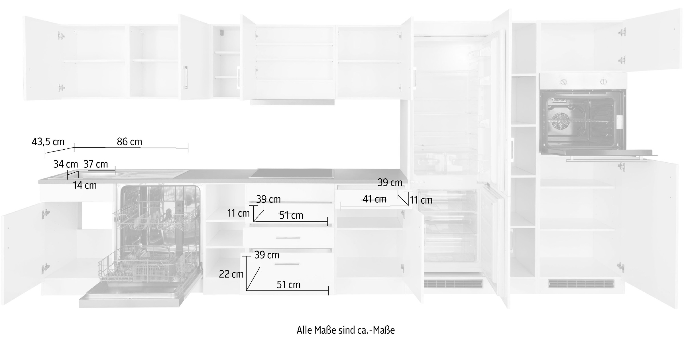 HELD MÖBEL Küchenzeile »Paris«, mit E-Geräten, Breite 400 cm, mit großer Kühl-Gefrierkombination