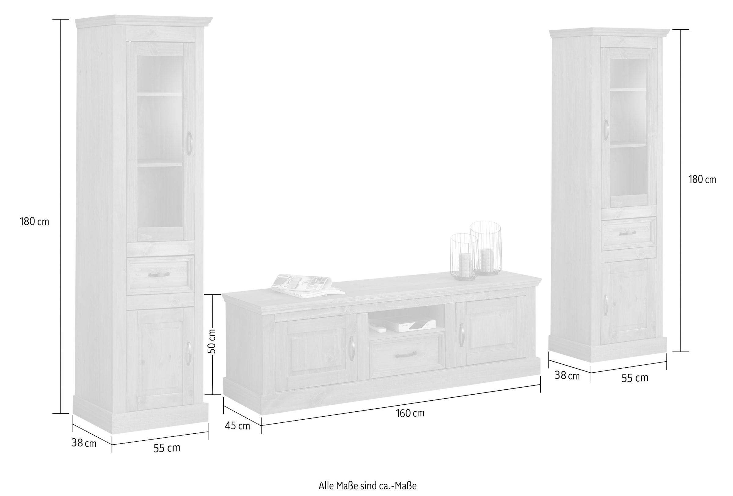 Home affaire Wohnwand »Selma«, (Set, 3 St.), 2 Vitrinen und 1 Lowboard, aus massivem Kiefernholz