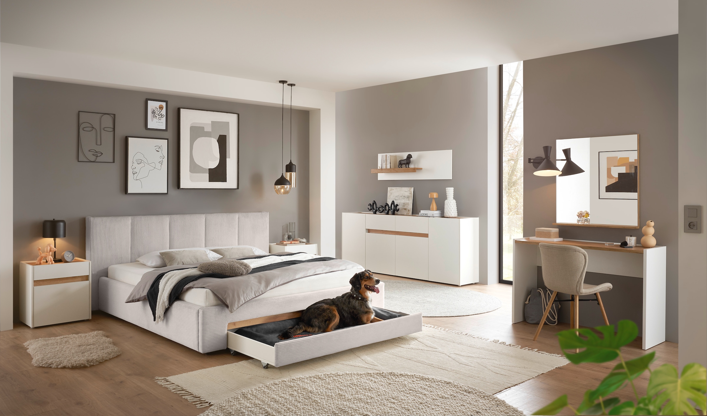 INOSIGN Polsterbett »CiTY/GiRON, Bettgestell mit Bettkasten, gepolstertes Stauraumbett«, mit Hundebett oder Stauraumschublade, Bezug Cord-oder Leinenoptik