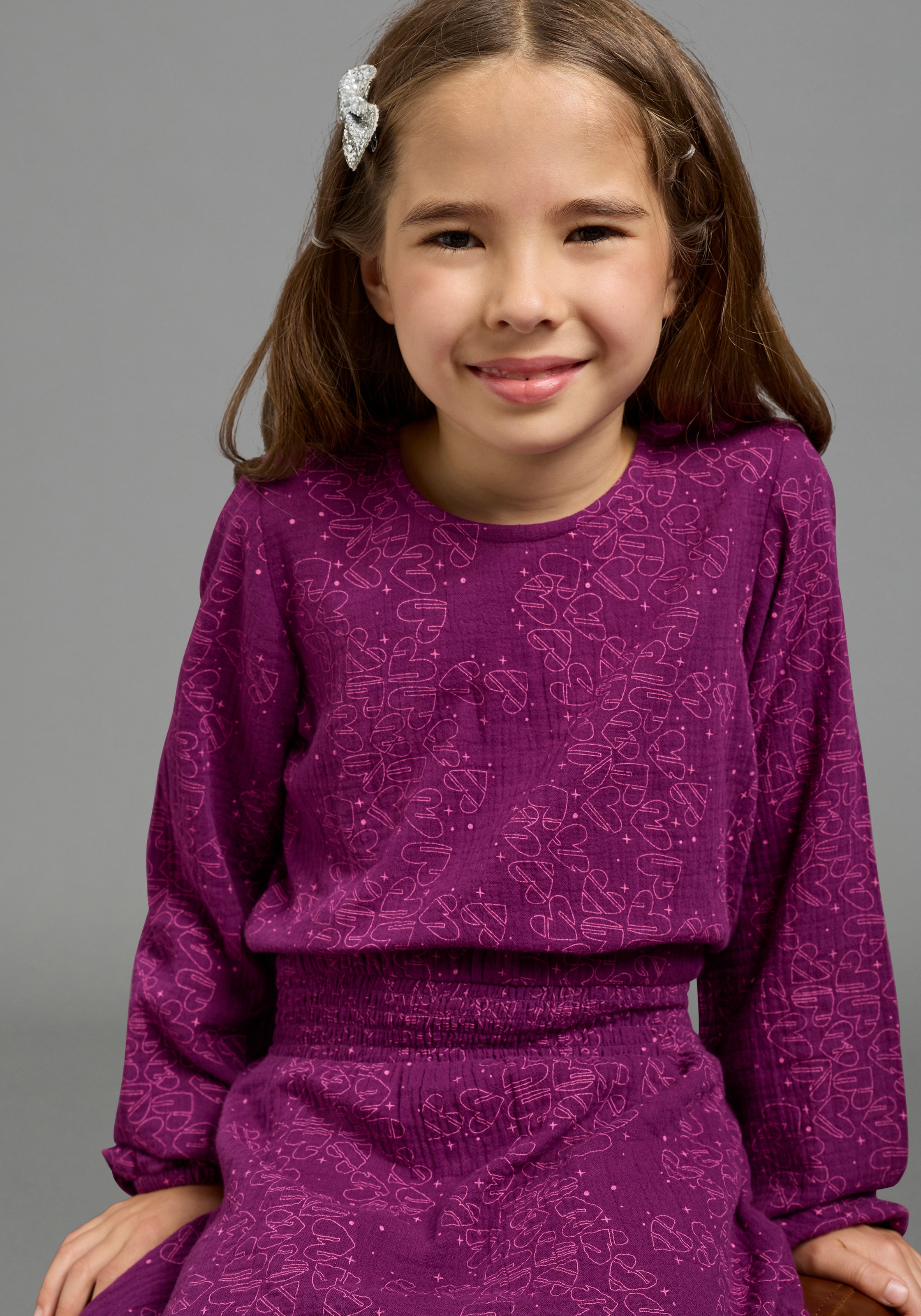 Scout Hemdblusenkleid »Musselin Kleid mit allover-Herzenmuster - NEU von SCOUT« Ohne Tasche für Mädchen, knielang, mit Volant am Saum, mit gesmokter Taille