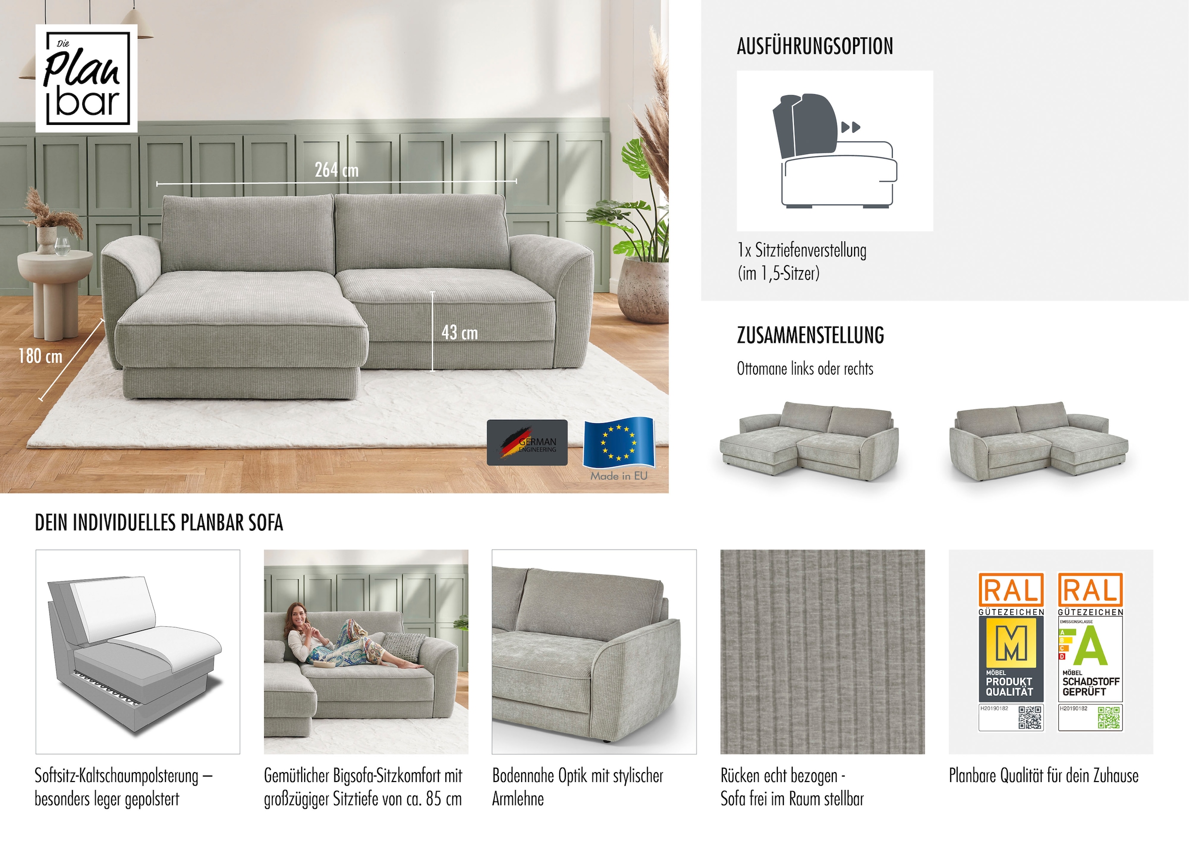 Die PlanBar Ecksofa »ZE-EM24138, L-Form, B: 264 cm« SoftSitz-Kaltschaumpolsterung, wahlweise mit Sitztiefenverstellung