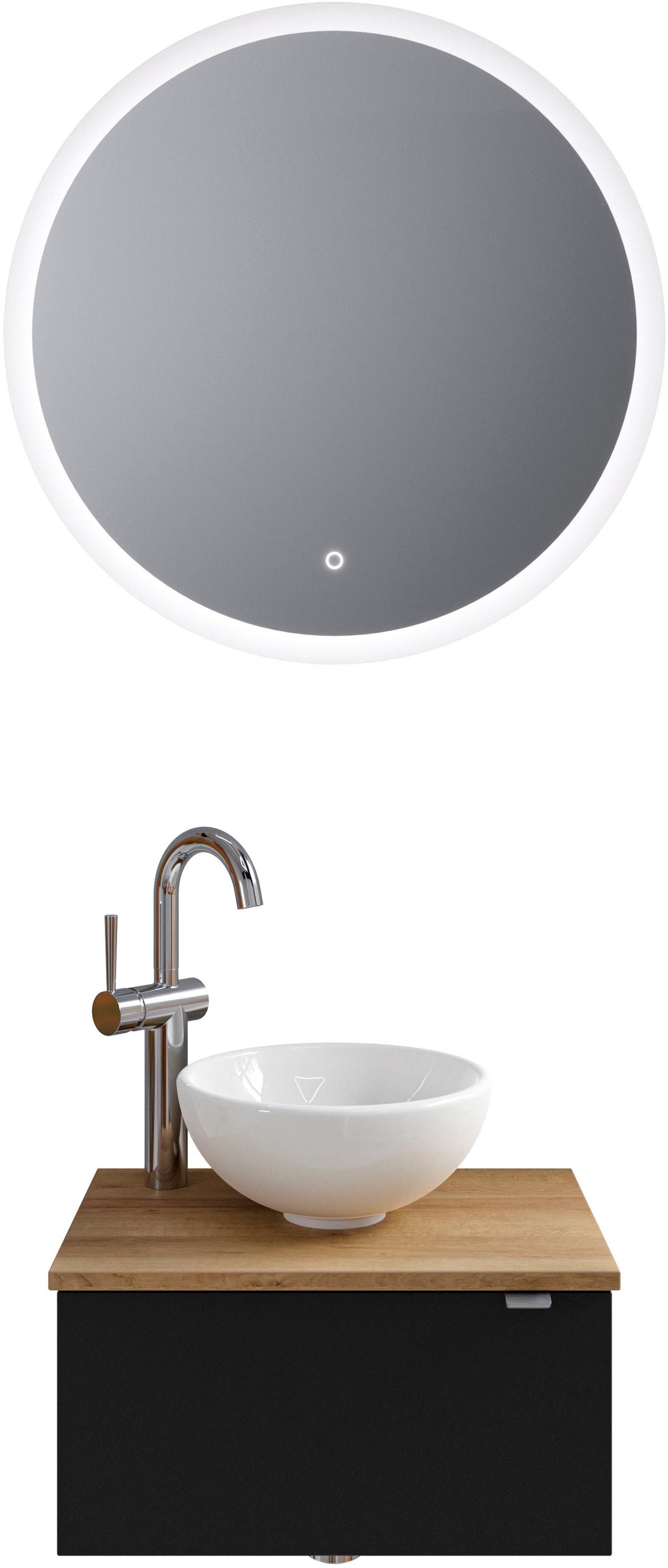 Badmöbel-Set „Serie 6915“, (4 St.), Gäste-Bad, mit LED-Spiegel und 1 Tür, Schwarz Matt Select B/H/T: 70 cm x 200 cm x 35 cm