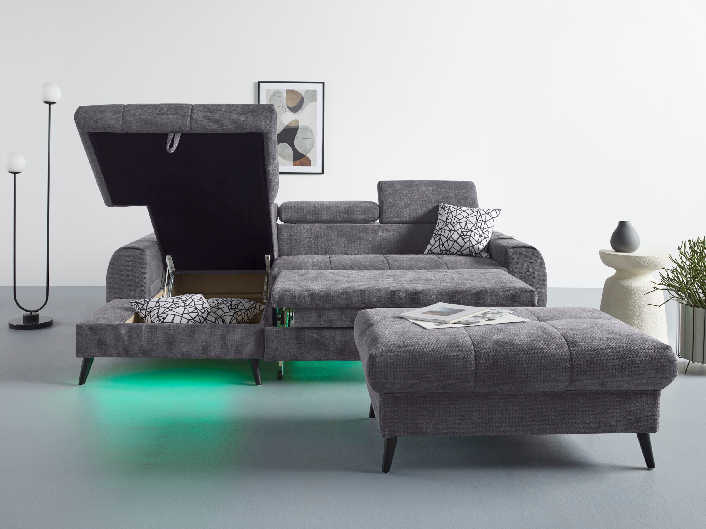 COTTA Ecksofa »Mia L-Form mit 3 Zierkissen«, wahlweise mit Bettfunktion, Bettkasten, Beleuchtung & Wireless-Charger