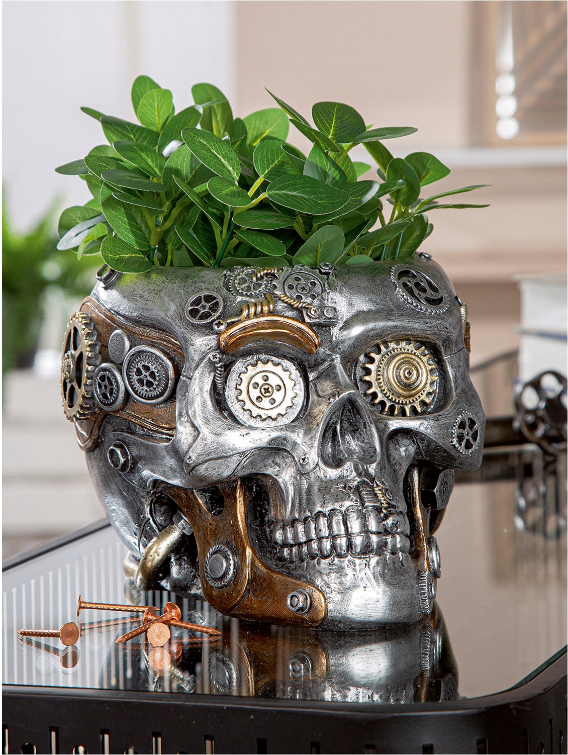 GILDE Übertopf »Übertopf Totenschädel Steampunk Skull planter silberfarben H. 14 cm«, (1 St.)