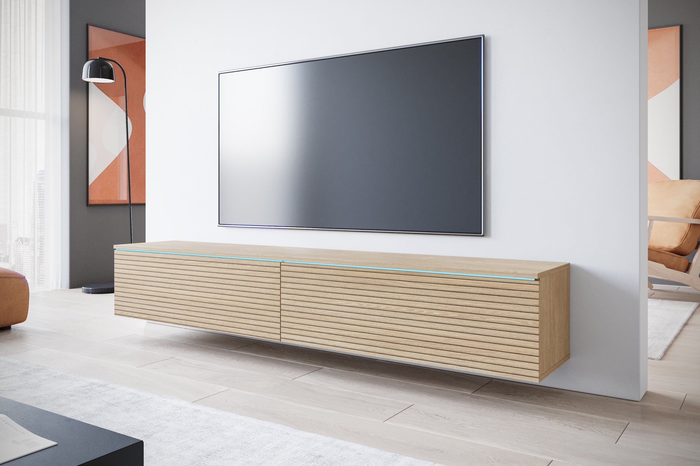 INOSIGN Lowboard »LOWBOARD VERA, wahlweise mit oder ohne Beleuchtung«, Modernes griffloses TV-Board, 180 cm TV-Schrank, stehend und hängend