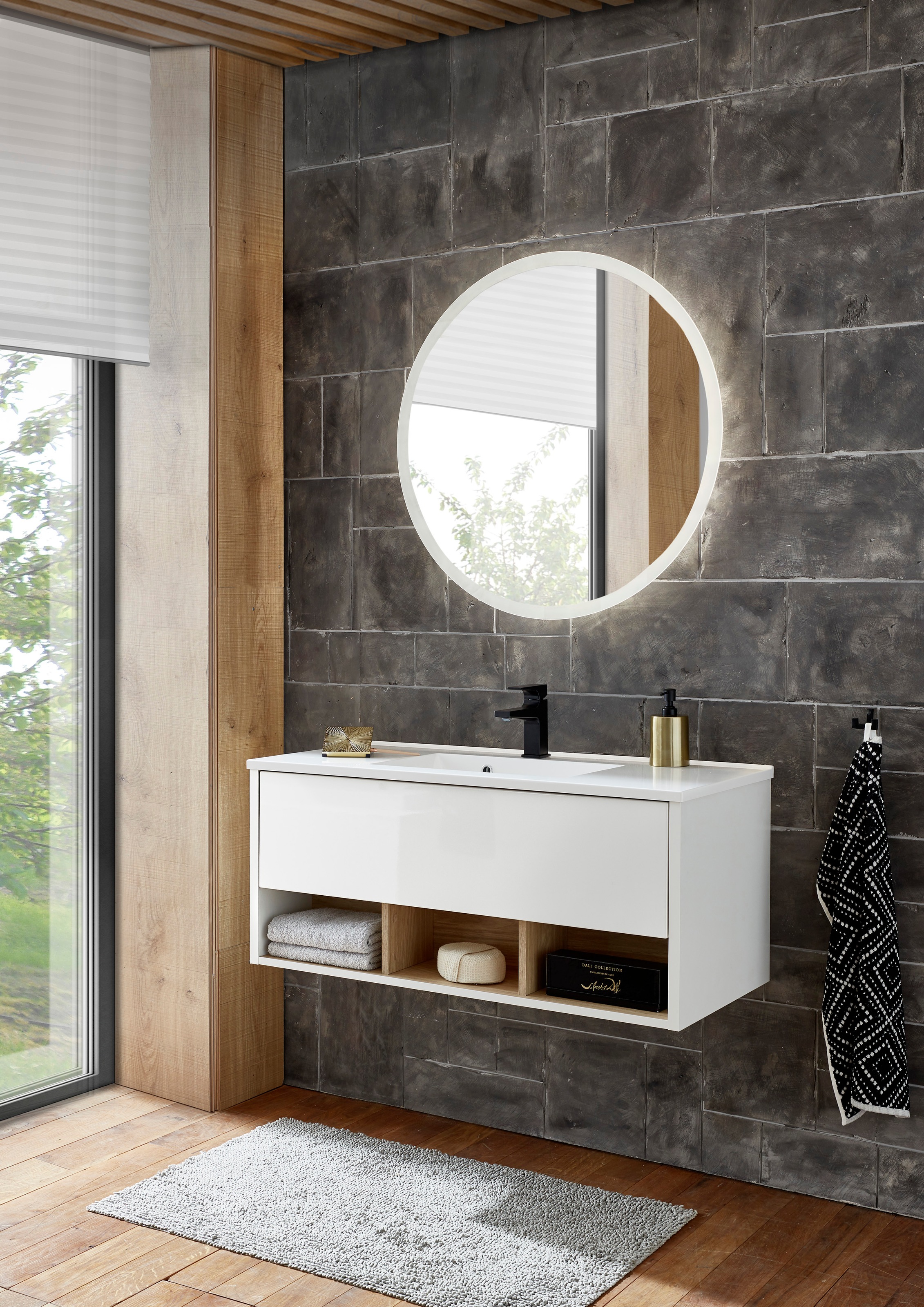 Places of Style Badmöbel-Set »Studio Line, Bad im modernen Design, 2-teiliges Badezimmer«, (2 St.), Waschtisch und Spiegel, in zwei Farben verfügbar, viel Stauraum