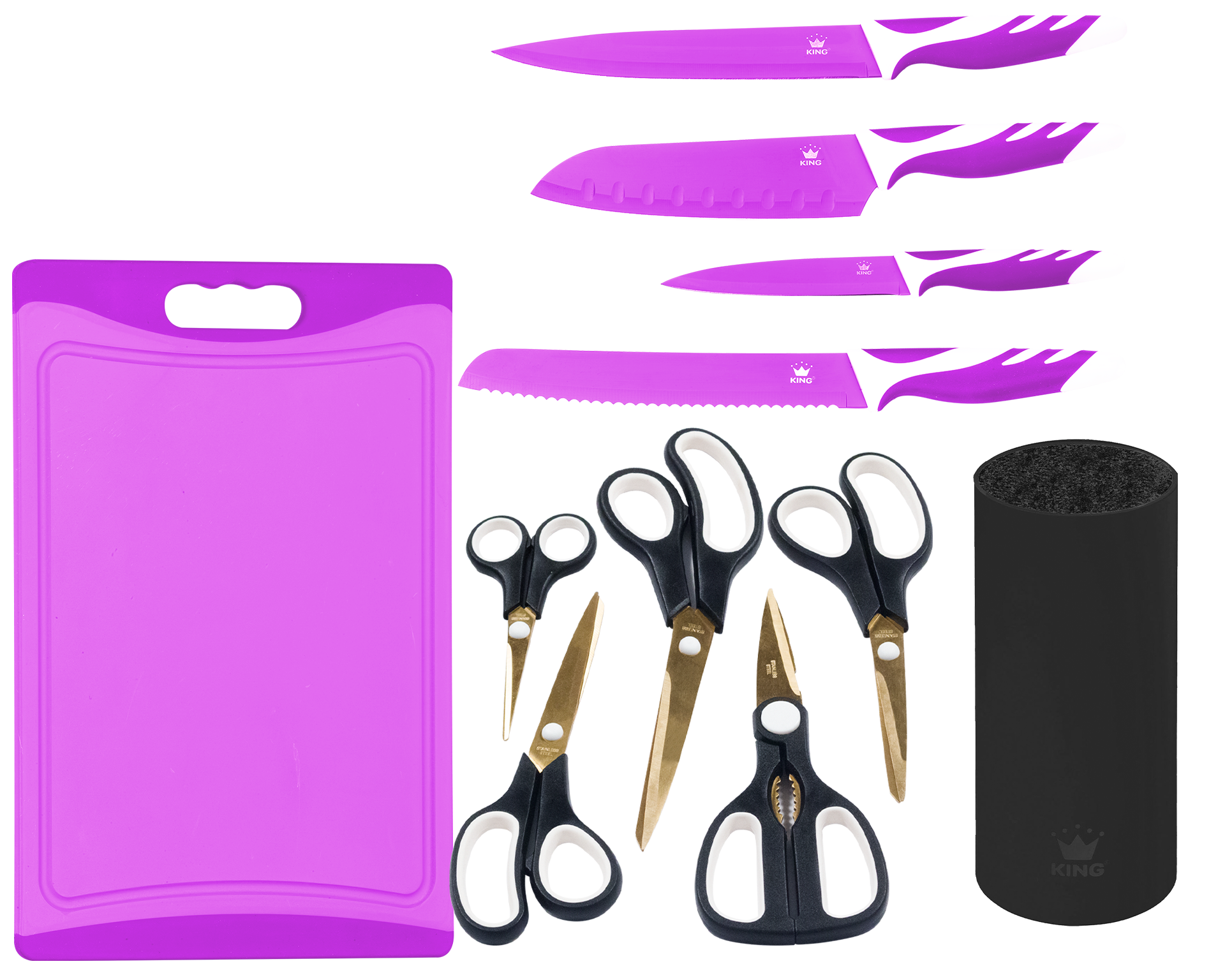 KING Messer-Set »Küchenmesser- und Scherenset »EASY-CUT««, (Set, 11 tlg.), 4 Küchenmesser, 5 Scheren, 1 Schneidebrett, 1 Messerblock
