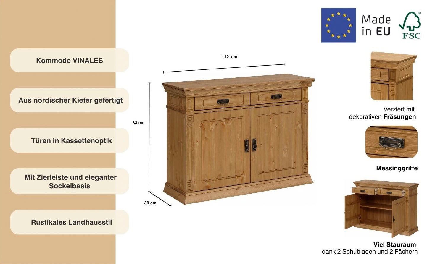 Home affaire Kommode »Vinales«, Breite 112 cm aus massiver Kiefer