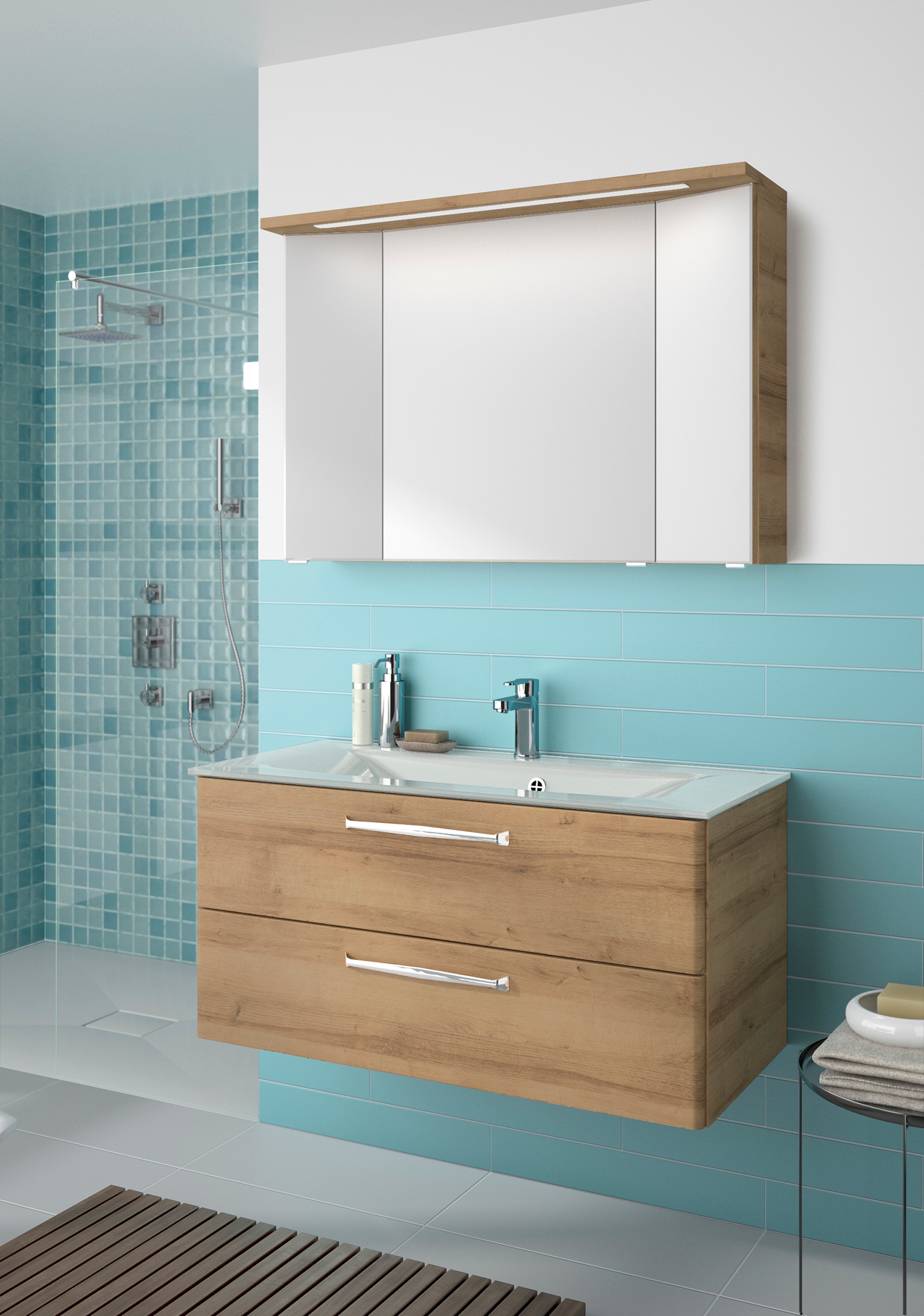 Saphir Badmöbel-Set »Trentino 2-teilig Glas-Waschtisch, Spiegelschrank mit LED-Leuchte« 3 Stk. tlg.