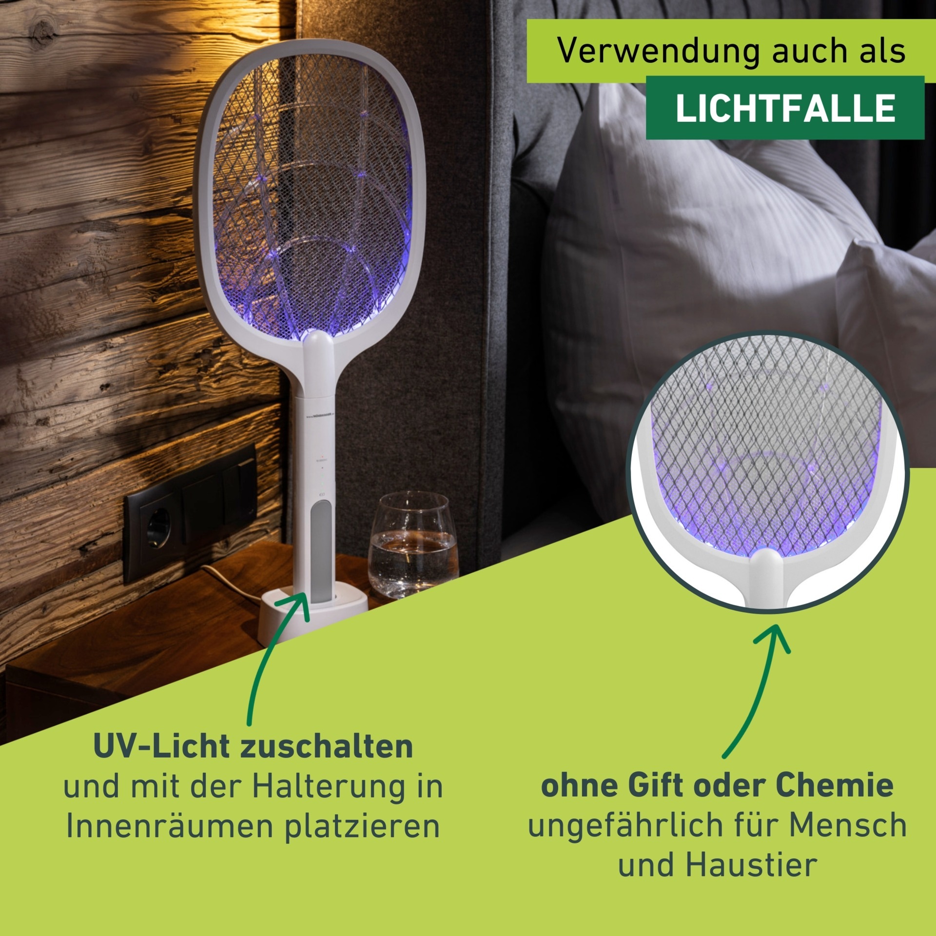 Windhager Fliegenklatsche »elektrisch 2in1, Insektenvernichter durch UV-Licht« Fliegenfänger aufladbar, Lichtfalle inkl. Halterung und USB Ladekabel