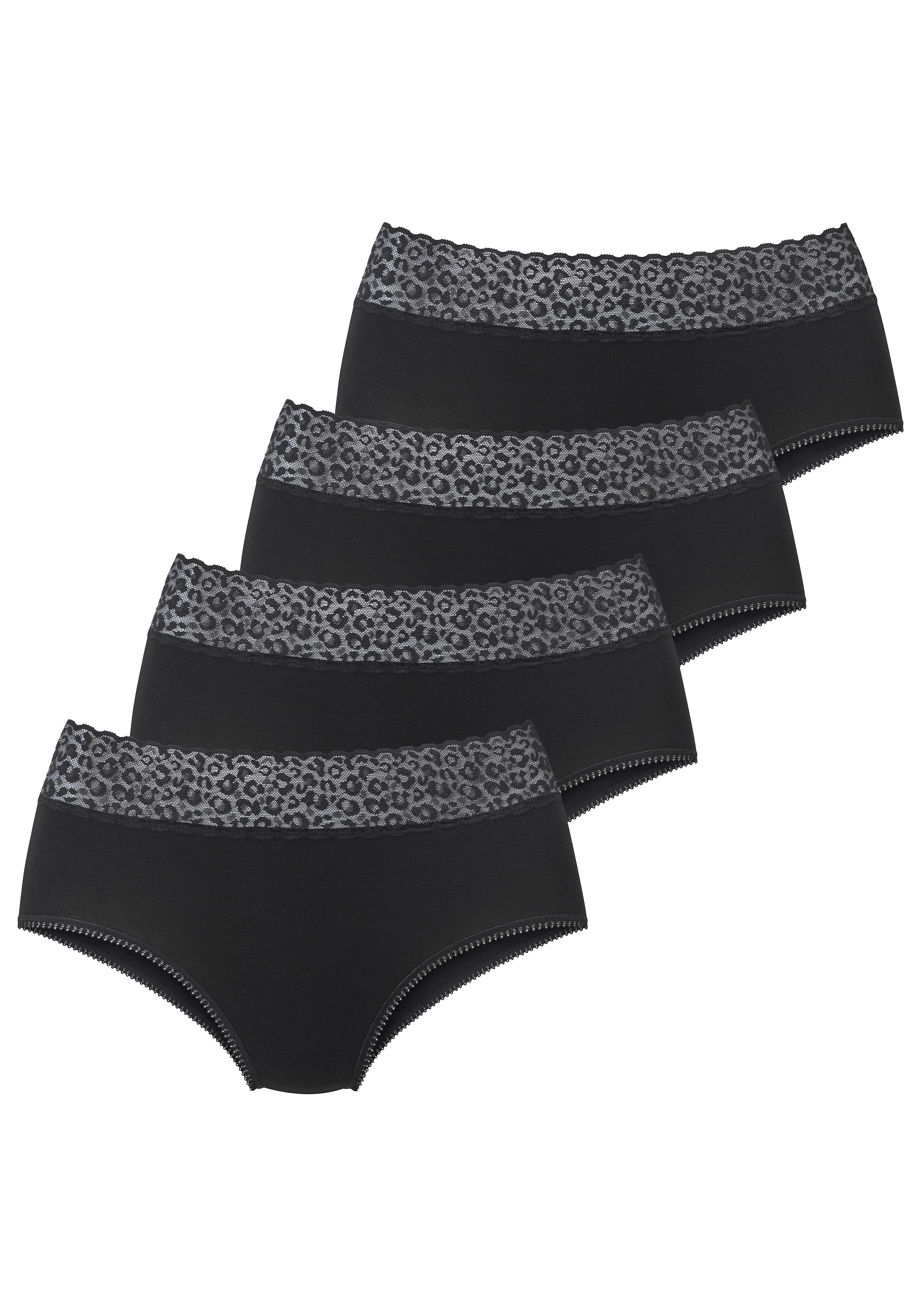LASCANA Taillenslip 4er Pack,  aus elastischer Baumwolle mit Leo-Spitze am Bund