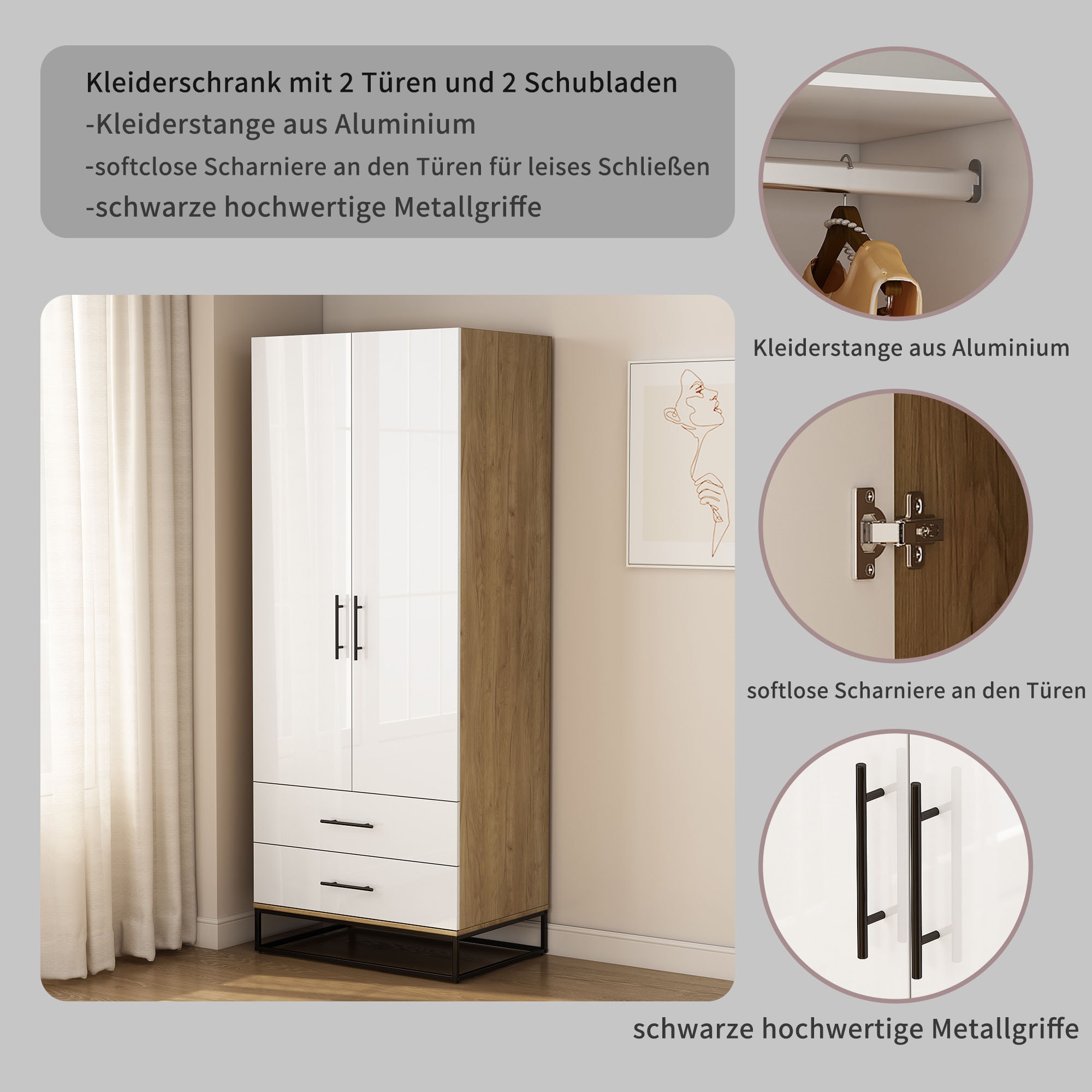 OTTO home Kleiderschrank »Lucca Schlafzimmerschrank Garderobe hochglanz Bestseller« Hochwertige schwarze Griffe und Kufengestell, 