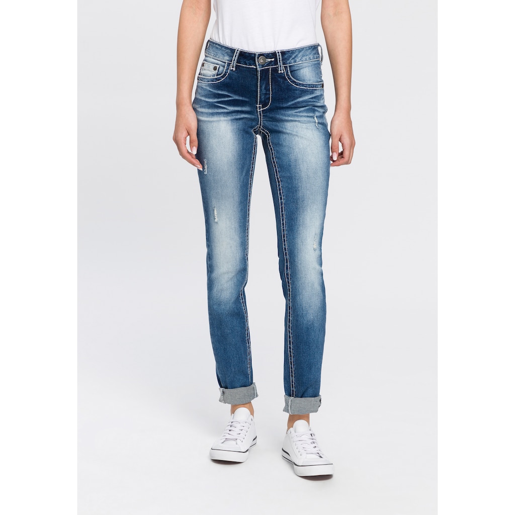 Arizona Skinny-fit-Jeans »mit Kontrastnähten und Pattentaschen«, Low Waist