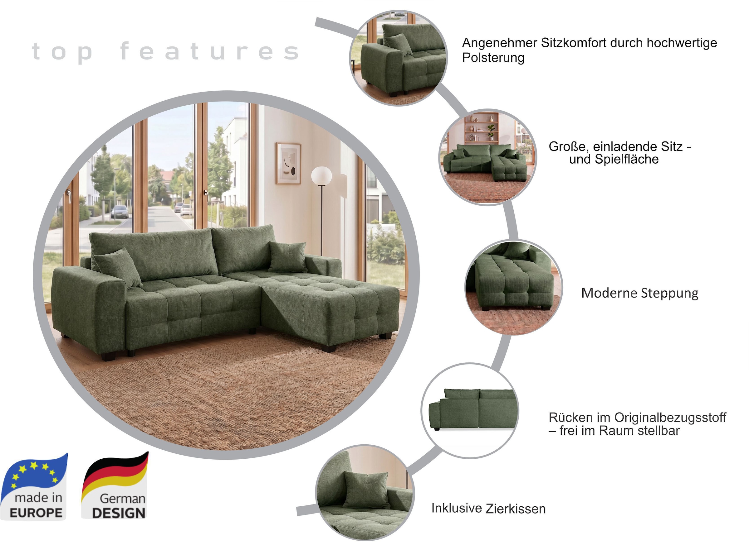 OTTO home Ecksofa »Bella Couch L-Form, B: 234 cm - OTTO. Verlässliche Qualität.« optional Schlaffunktion & Bettkasten, mit Zierkissen