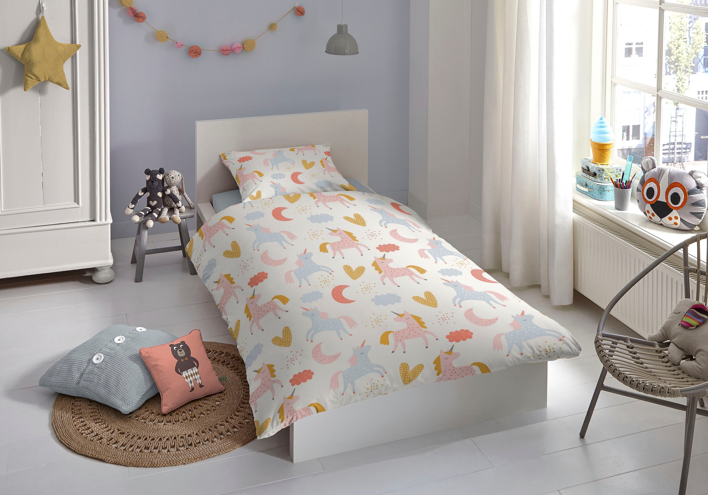 GOOD MORNING Babybettwäsche »Unilove« 2 Stk. tlg. Baumwolle, 100x135, Reißverschluss, Baby, Mädchen, Einhorn, Herze natur/multi Obermaterial: 100%...