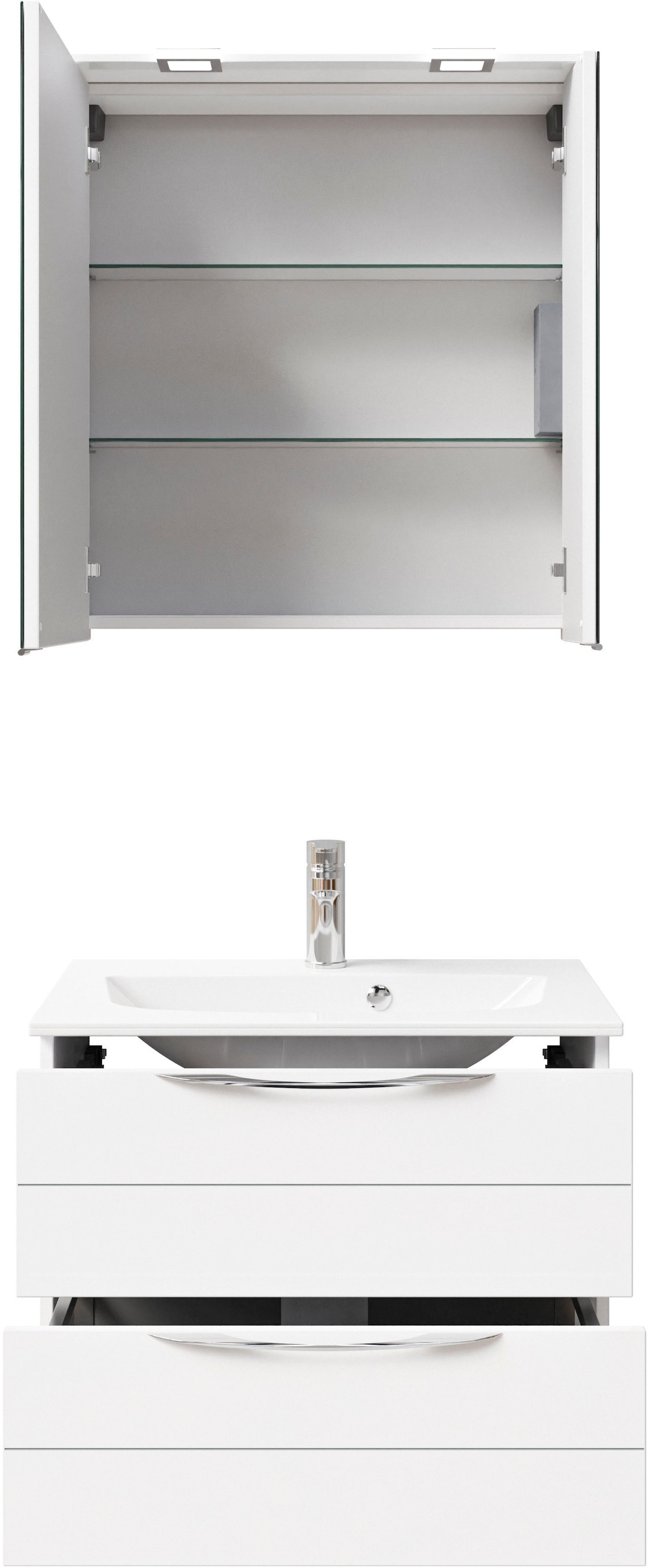 Saphir Badmöbel-Set »Serie 6025 2-teilig Mineralmarmor-Waschtisch mit LED-Spiegelschrank«, (2 St.), Waschplatz 67 cm breit, 2 Schubladen, 2 Spiegel-Türen, inkl Türdämpfer