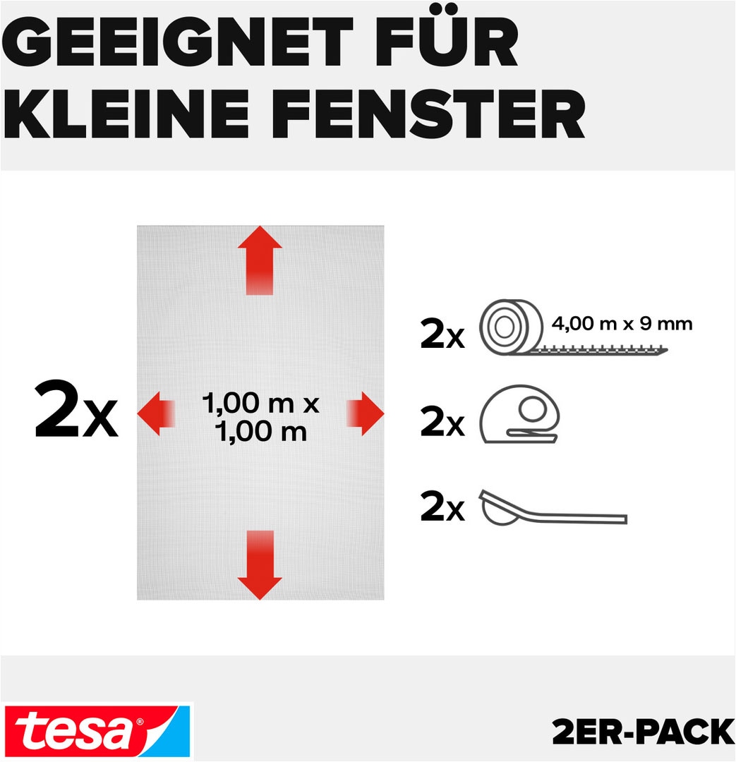 tesa Fliegengitter-Gewebe »Klett Fliegengitter Premium für Fenster, Insektenschutz mit Klettband« Packung, Fliegennetz, Klettband, Andrück und Schneidehilfe, 2 Stk. tlg. selbstklebende Insektenschutz 100 x 100cm