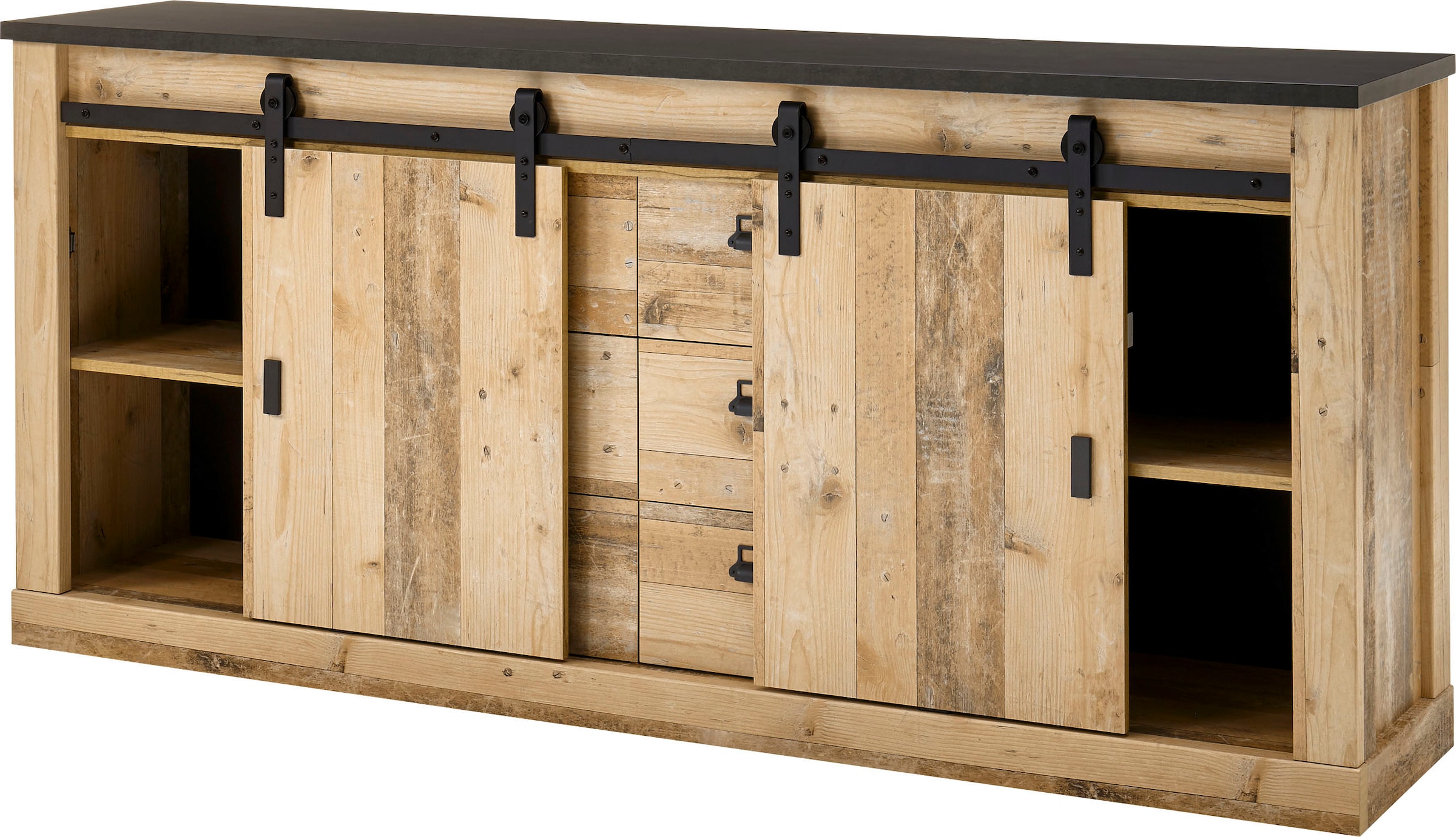 Home affaire Wohnwand »SHERWOOD«, (2 St.), Scheunentorbeschlag und Apothekergriffe aus Metall, Höhe 201 cm
