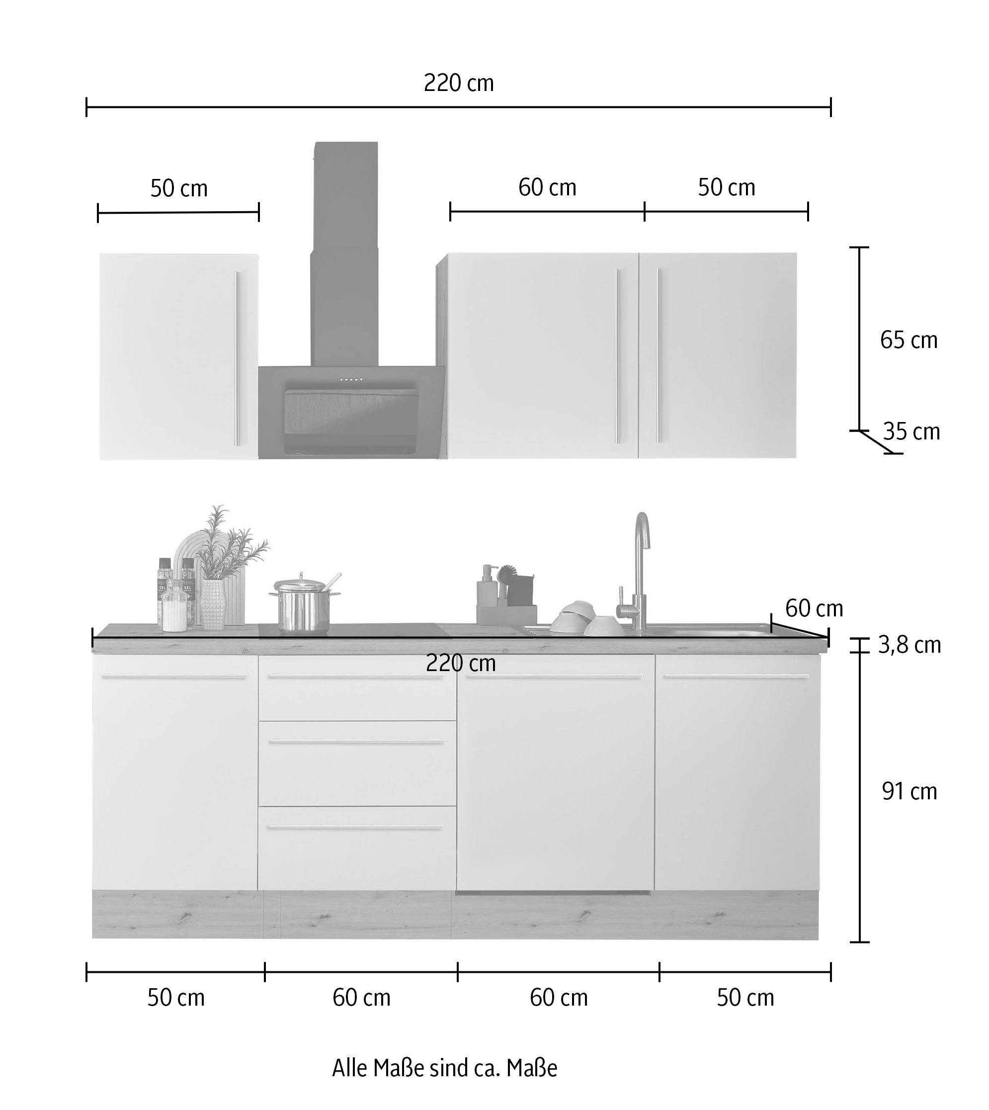 KOCHSTATION Küchenzeile »Florida«, Breite 220 cm, Softclose für Türen und Schubkästen, ohne E-Geräte