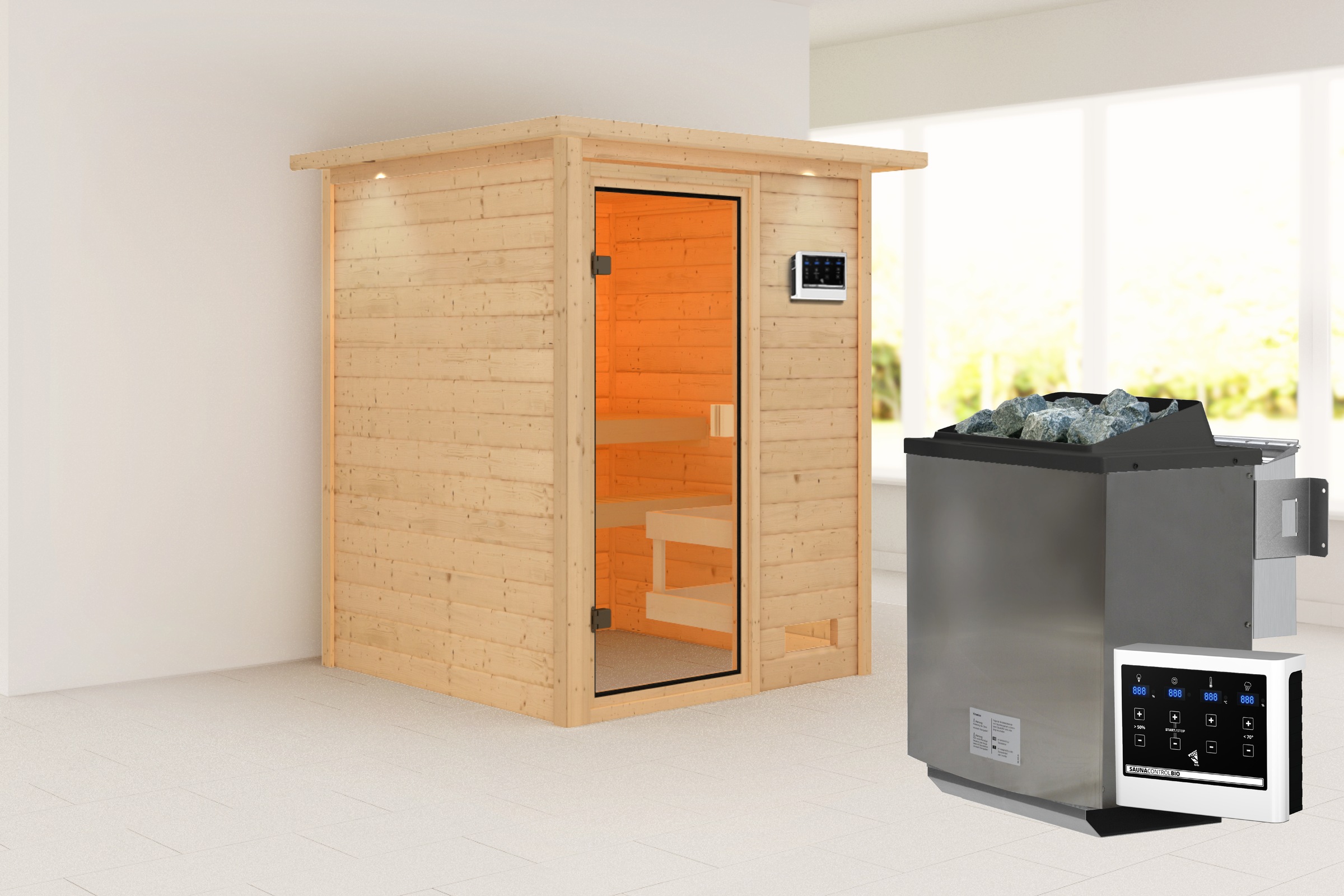 Karibu Sauna »"Sandy" mit bronzierter Tür und Kranz, Ofen 9 kW, naturbelass günstig online kaufen