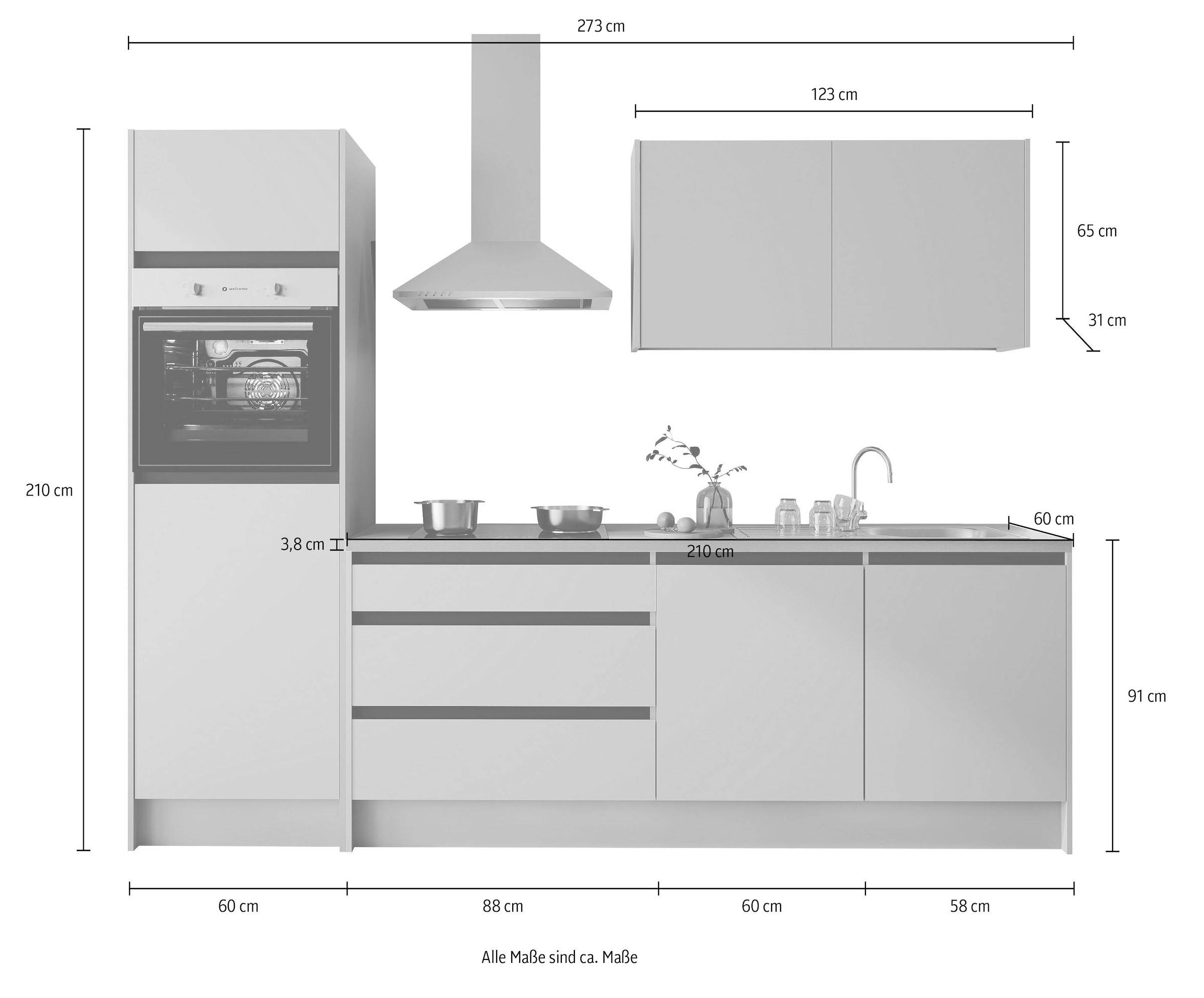 BASIC by Balculina Küchenzeile »Isis B/T/H 273x60x210 cm« Breite 273 cm, wahlweise mit E-Geräten und Induktionskochfeld