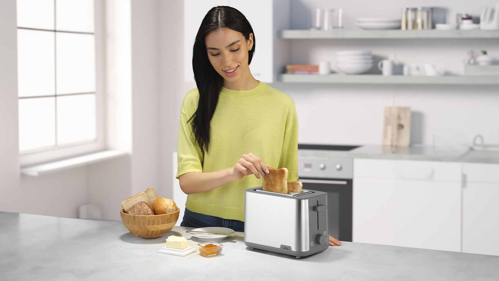 Braun Toaster »PurShine HT 1510 GY - 2 Schlitze, 8 Stufen, Auftau- Aufwärmfunktion«, 900 W, 900 W, Edelstahl, Automatische Abschaltung, Brötchenaufsatz