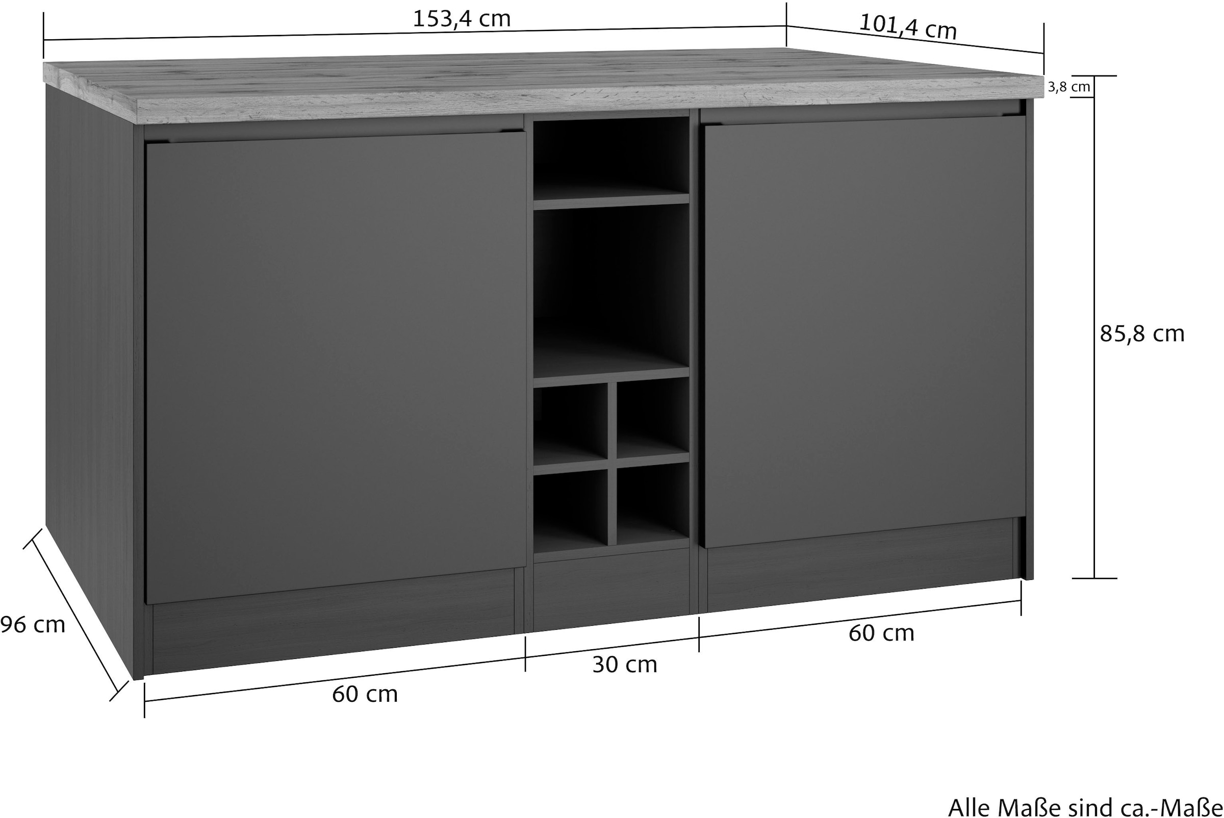 KOCHSTATION Kücheninsel »KS-Bruneck, Breite 153 cm«, MDF-Fronten, Arbeitsplatte 38mm stark