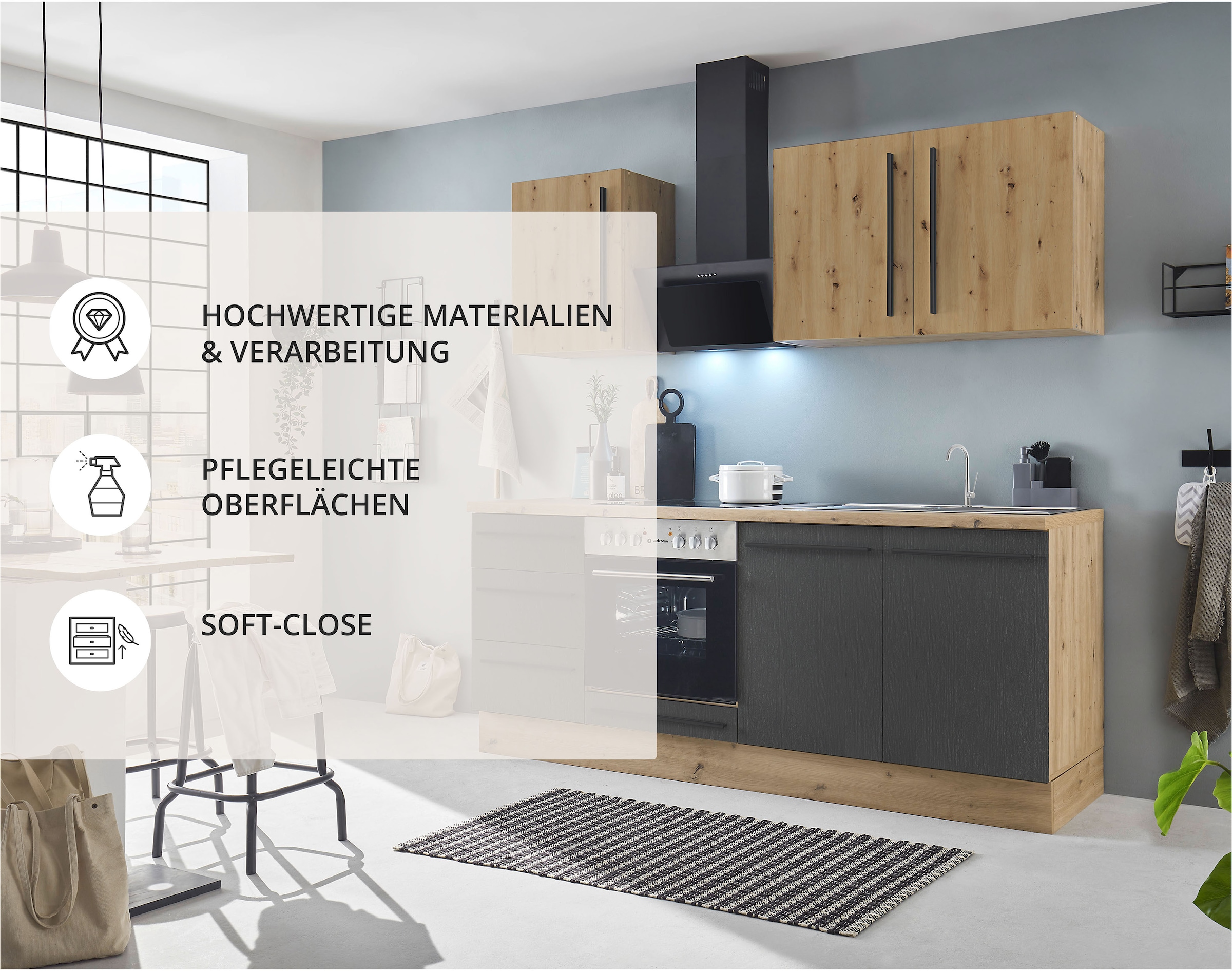 KOCHSTATION Küchenzeile »KS-Florida mit 38mm starker Arbeitsplatte«, Breite 210 cm, wahlweise mit E-Geräten, Soft-Close-Funktion