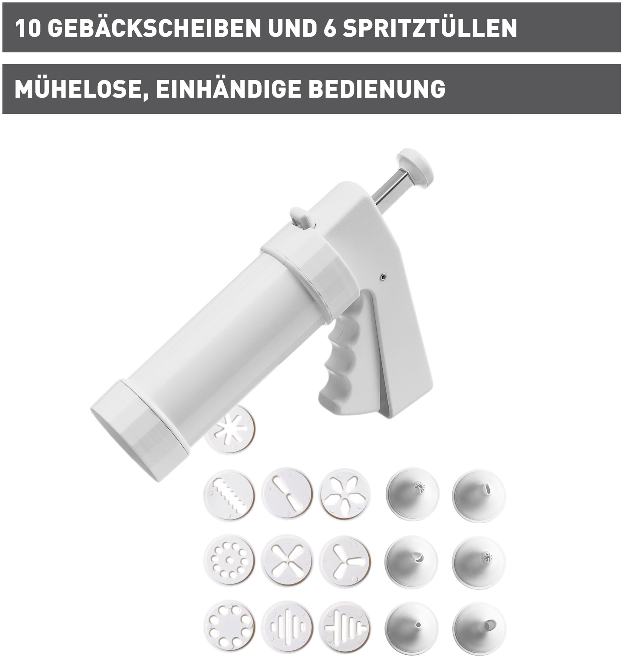 Kaiser Backformen Gebäckpresse »Inspiration«, (Set, 17 tlg.), Gebäckpresse, 6 Spritztüllen und 10 Gebäckscheiben, Einhandbedienung