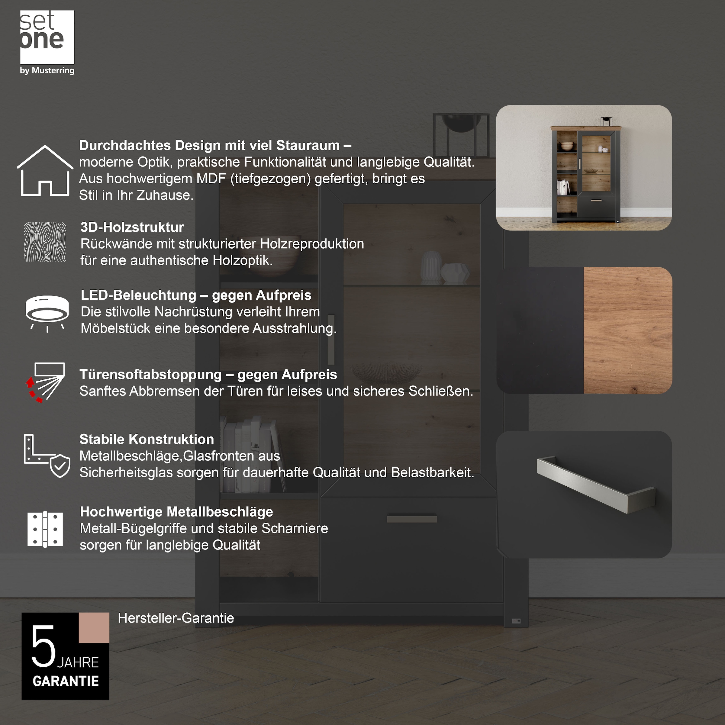 set one by Musterring Highboard »York«, Typ 13 und 14, mit Glastür und Schubkasten, 3 Farbvarianten, B 105 cm