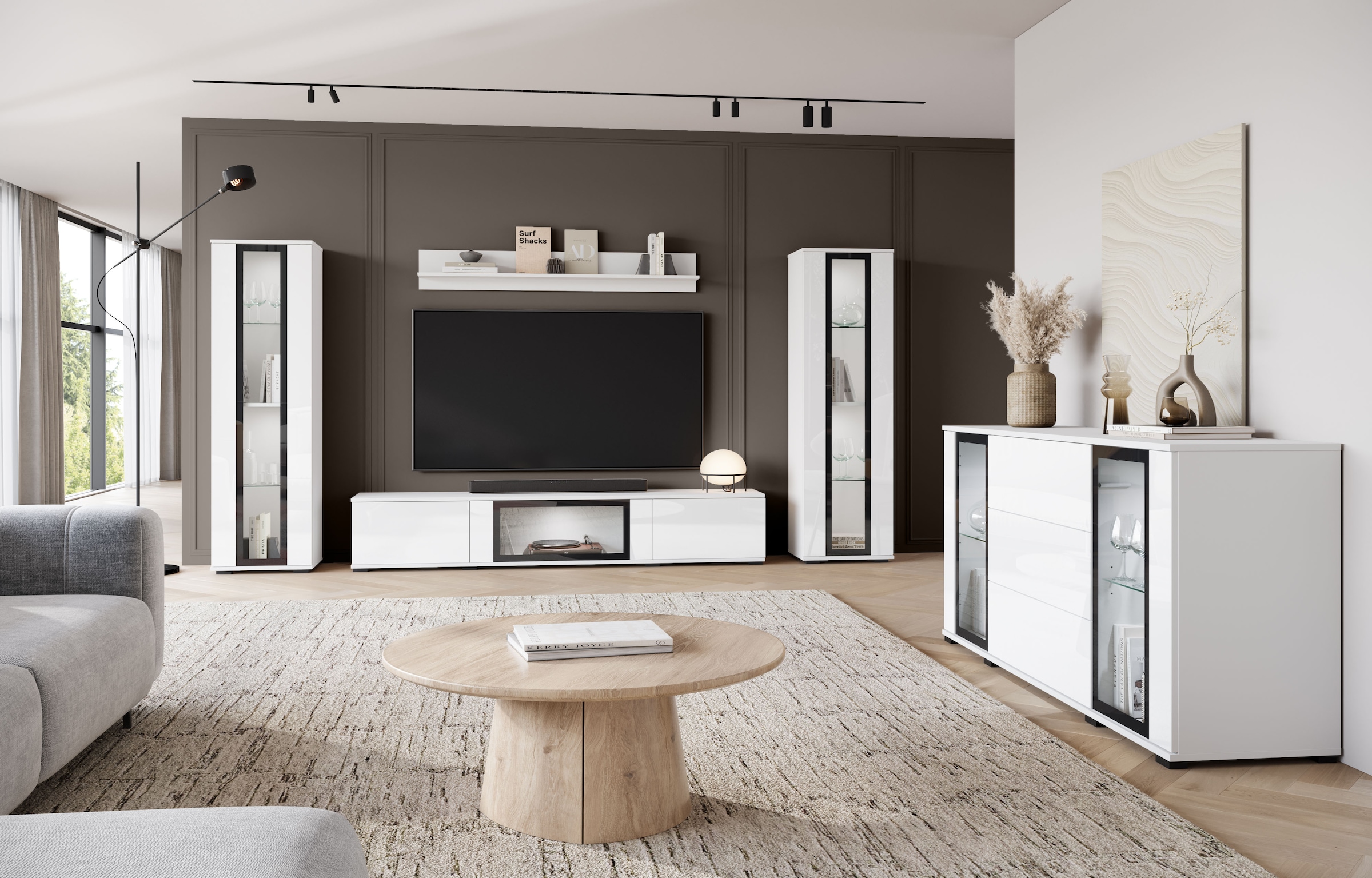 INOSIGN Wohnwand »Caro, stehend und hängend montierbar«, (Komplett-Set, 4 St., Vitrine Türanschlag links/rechts wechselbar), grifflose Design, höhenverstellbare Einlegeböden