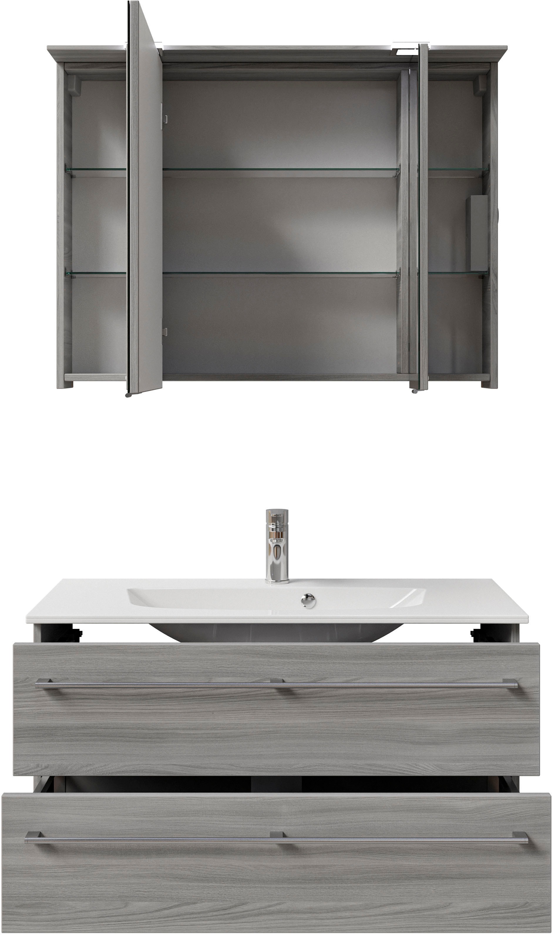 Saphir Badmöbel-Set »Serie 6025 2-teilig Mineralmarmor-Waschtisch mit LED-Spiegelschrank«, (2 St.), Waschplatz 97 cm breit, 2 Schubladen, 3 Spiegel-Türen, inkl Türdämpfer