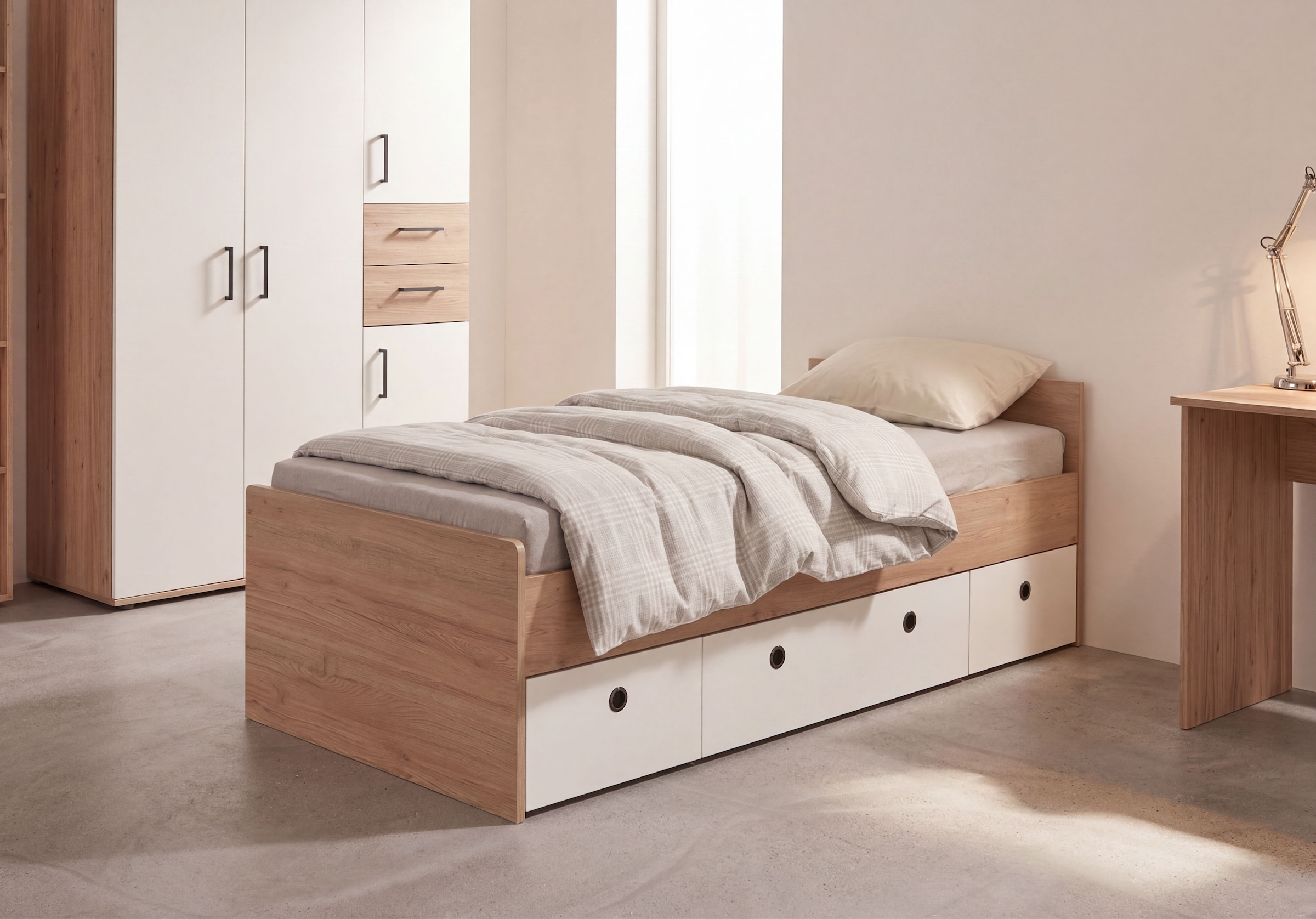 arthur berndt Jugendzimmer-Set »Jugendzimmer-Set »Bente« 5-teilig« 2tlg, 3tlg, 5tlg -Schrank, Bett, Schreibtisch, Sideboard, Standregal, 2 tlg. Artisan Oak Nb/Weiß
