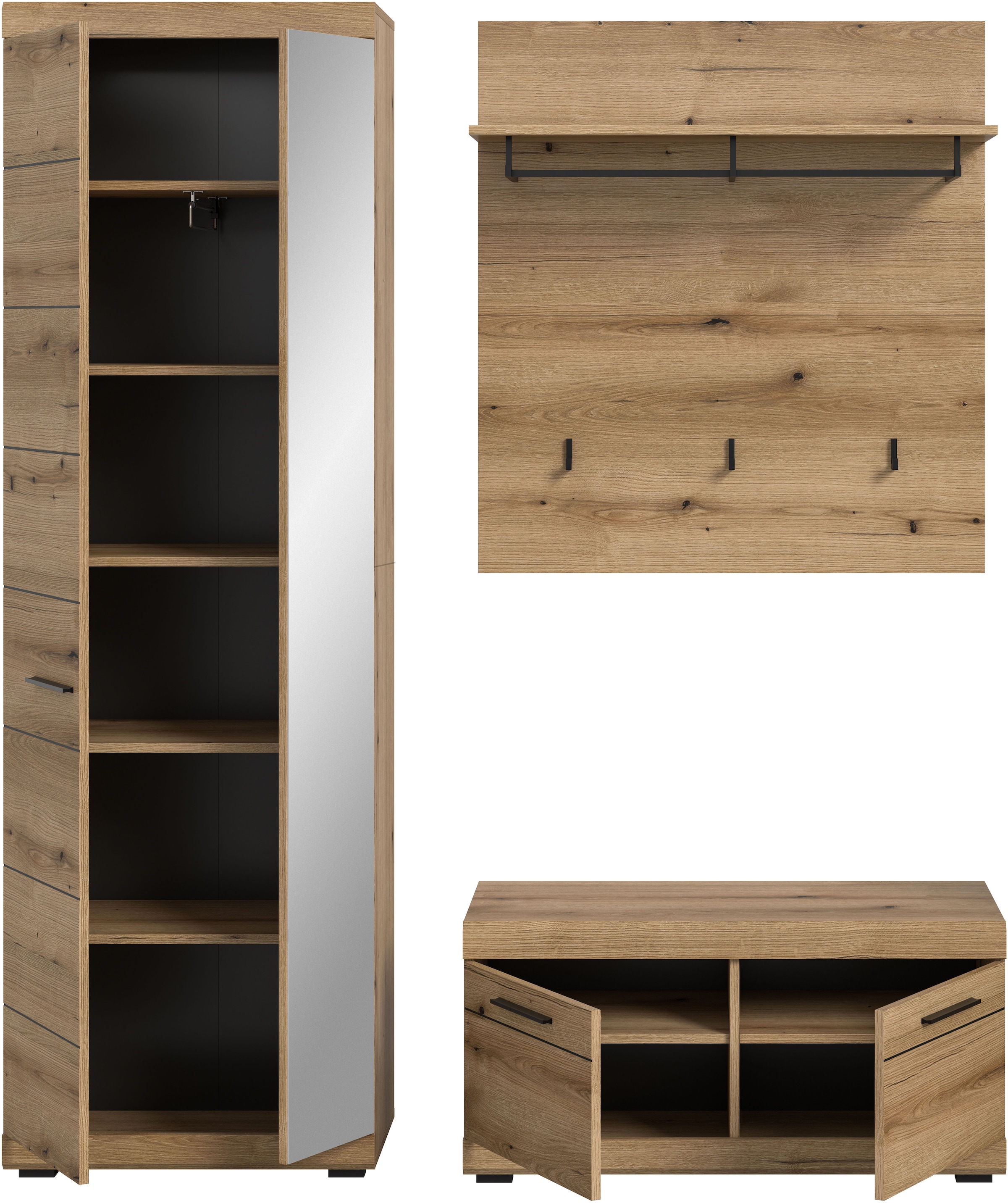 INOSIGN Garderoben-Set »Siena, Fronten mit hochwertiger Rillenfräsung, 3-teilig,bestehend aus:«, (Komplett-Set, 3 St.), Scout Garderobenkombination 3-tlg., Flur, Diele